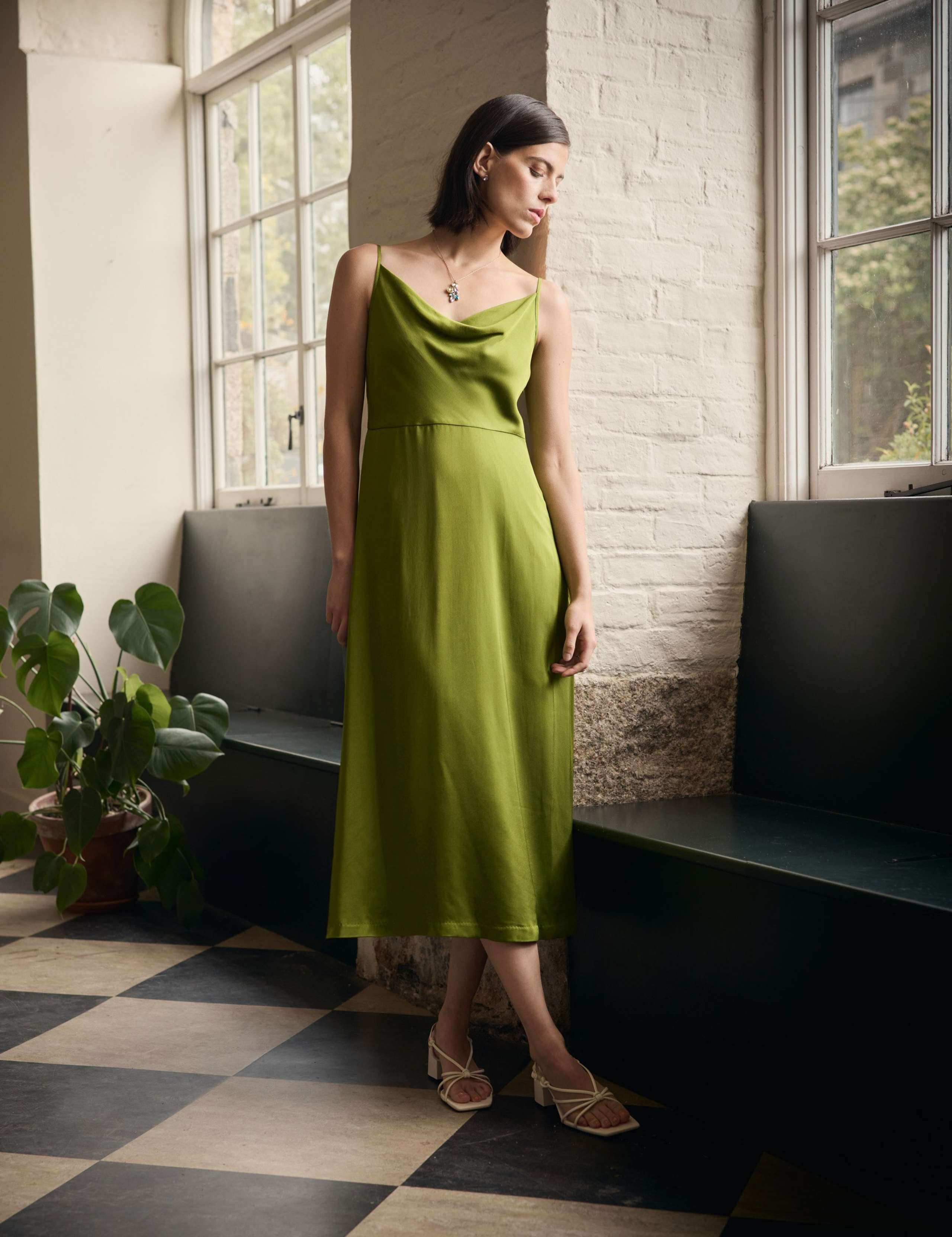 Cowl Neck Strappy Midi Slip Dress