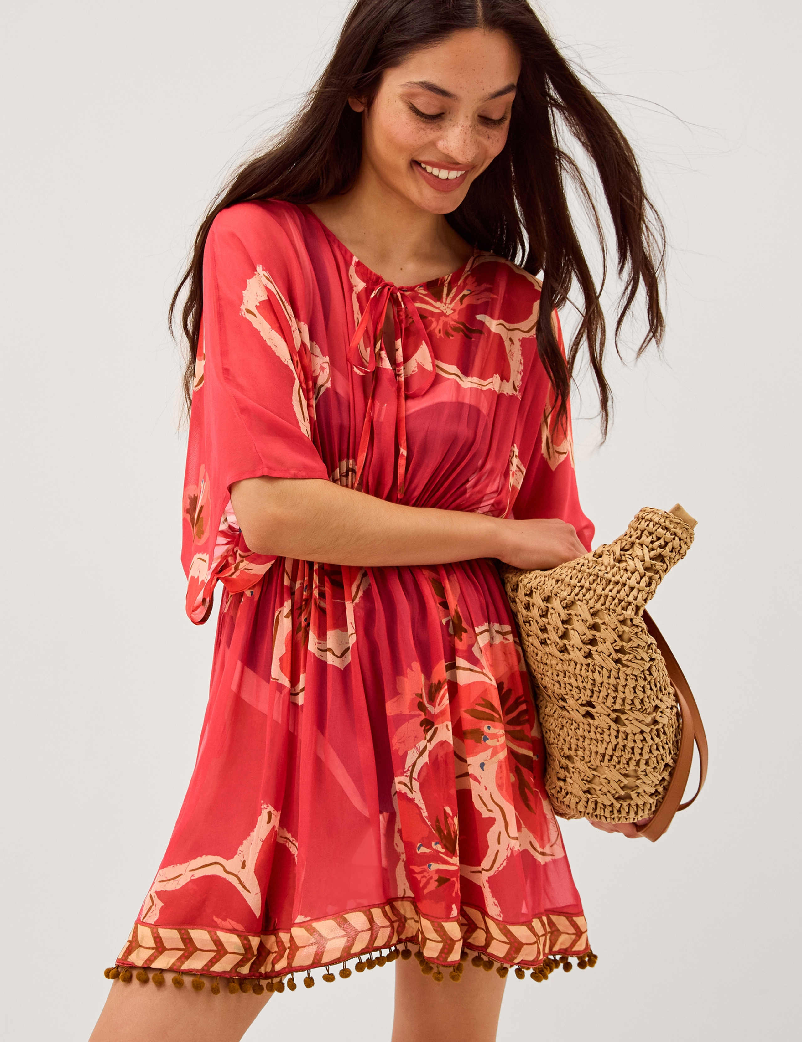Floral Waisted Mini Beach Cover Up Kaftan