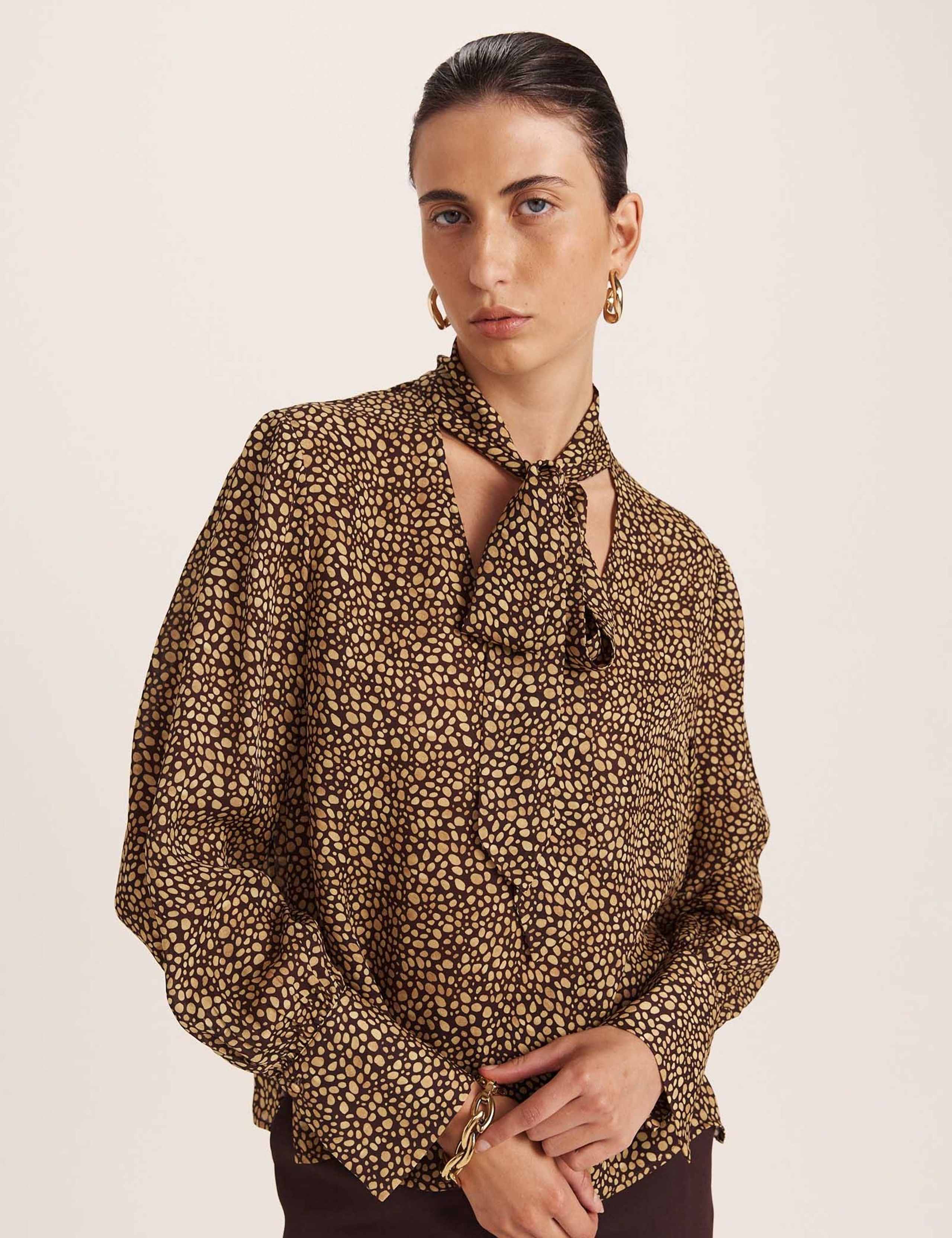 Pure Silk Printed Tie Neck Blouse