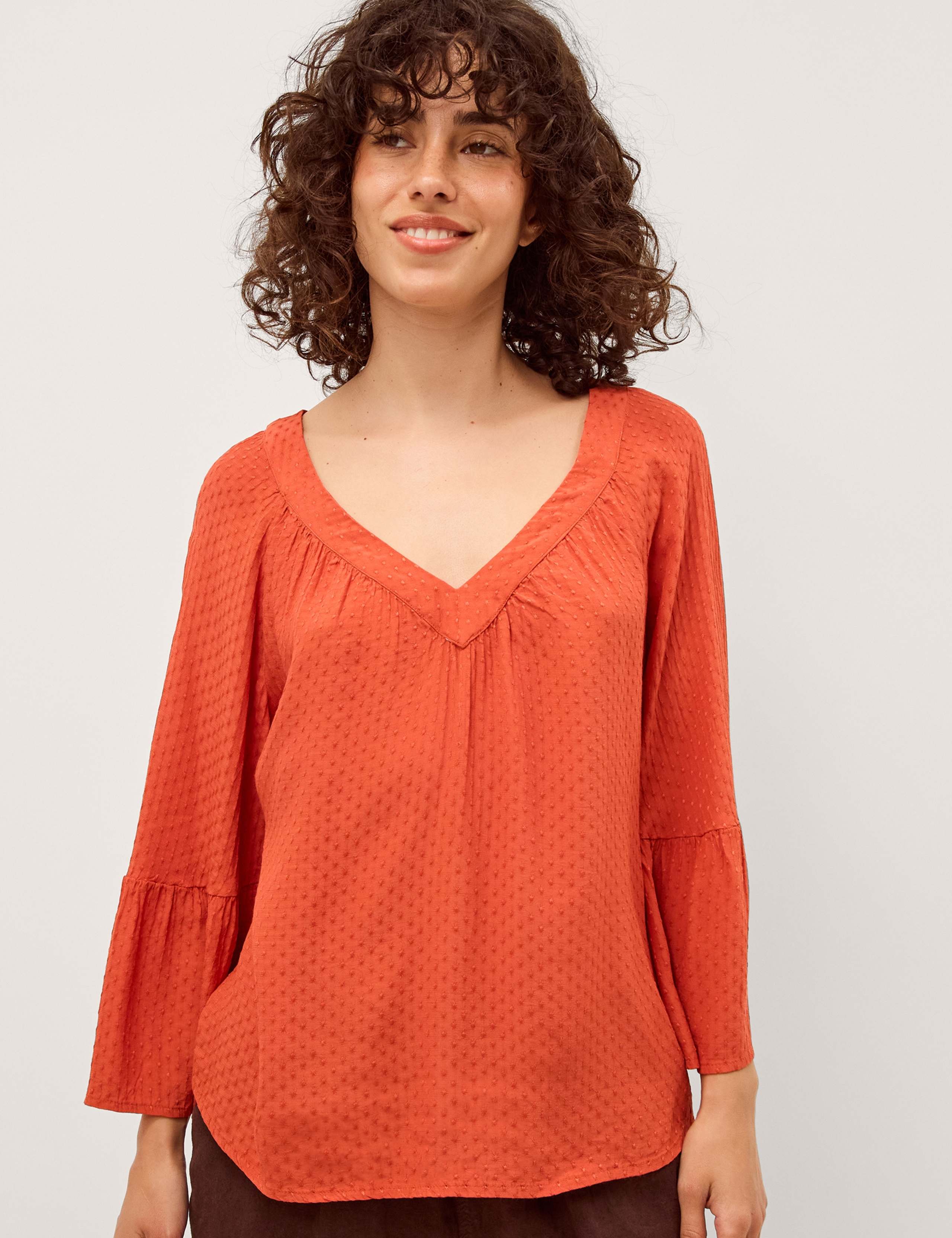 Textured V-Neck Flute Sleeve Popover Blouse