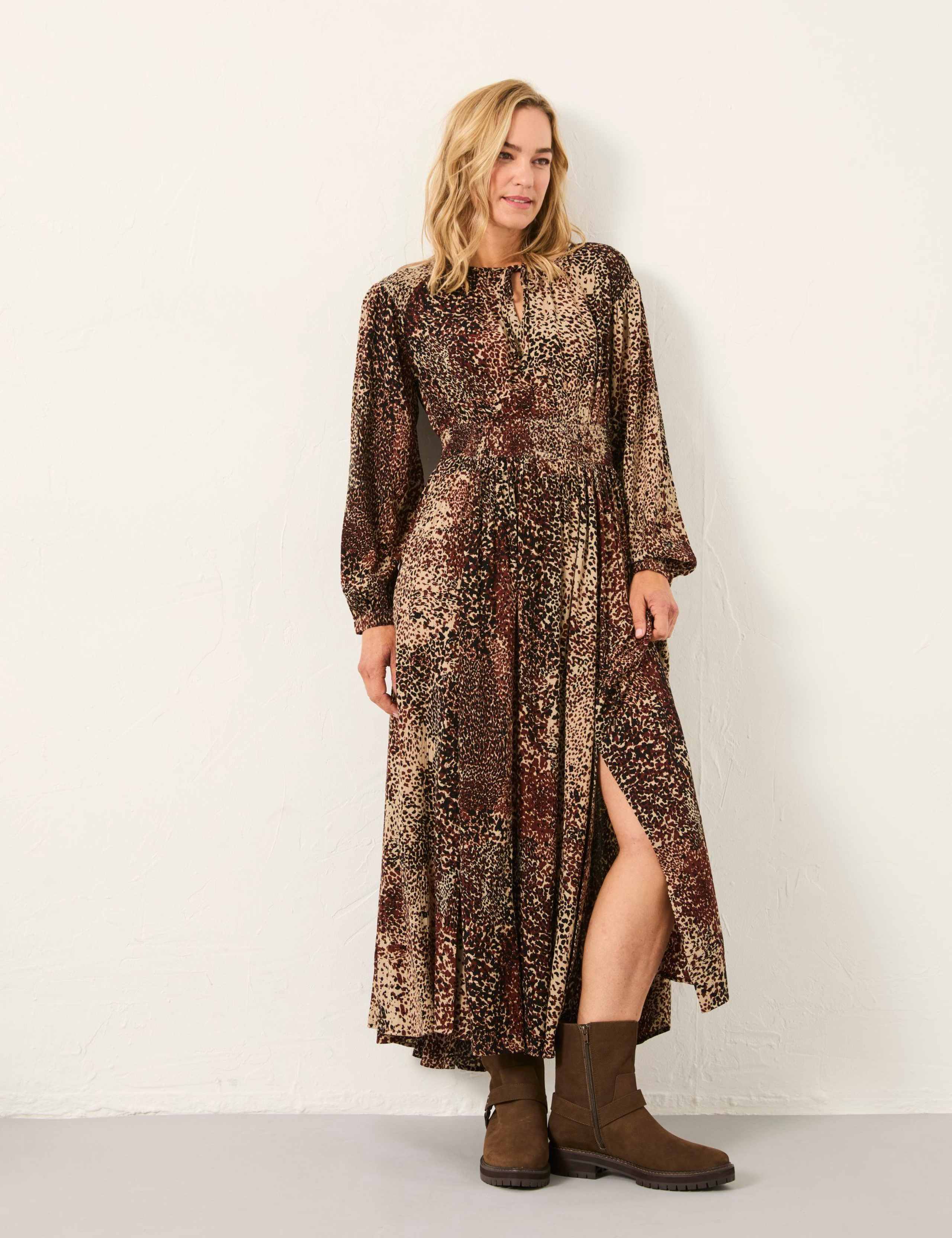 Animal Print Tie Neck Midi Waisted Dress