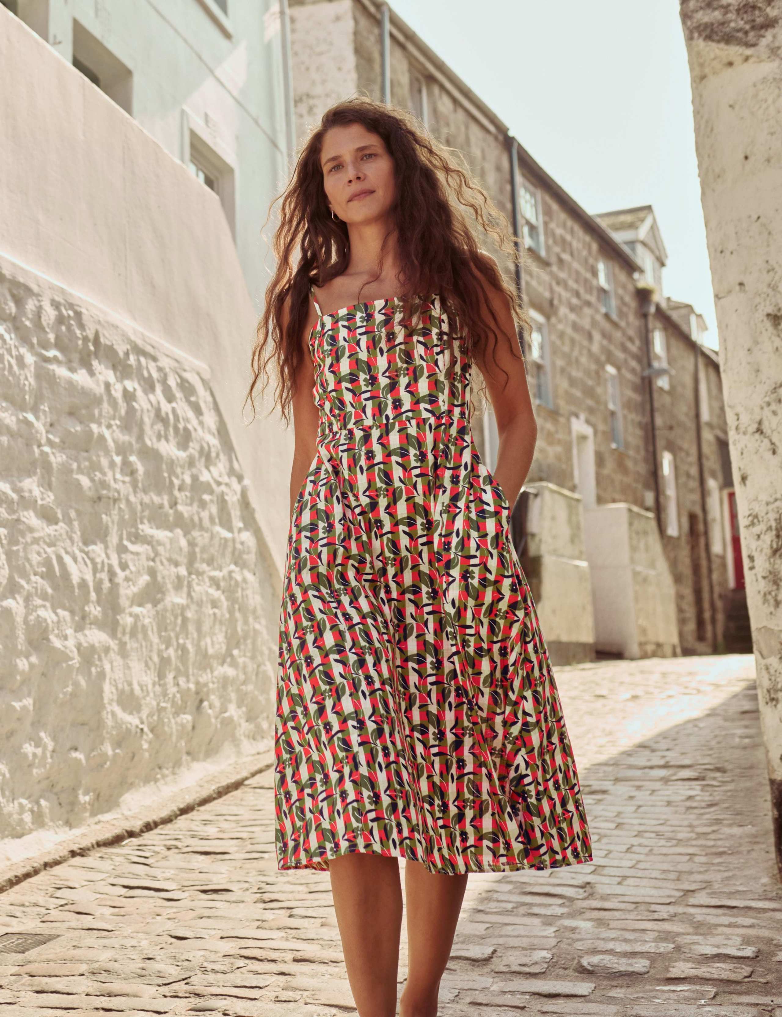 Pure Cotton Floral Check Strappy Midi Dress