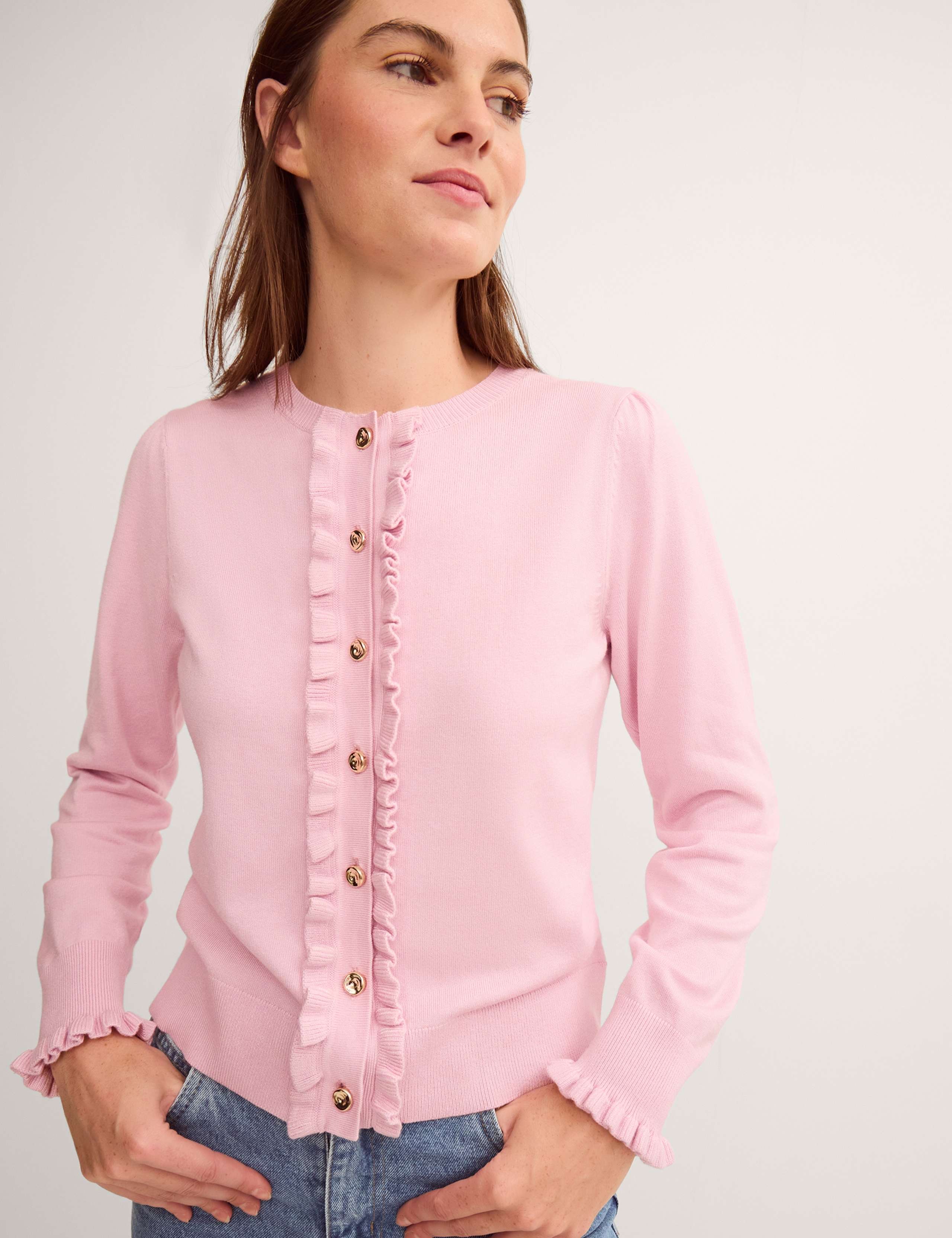 Crew Neck Ruffle Button Front Cardigan