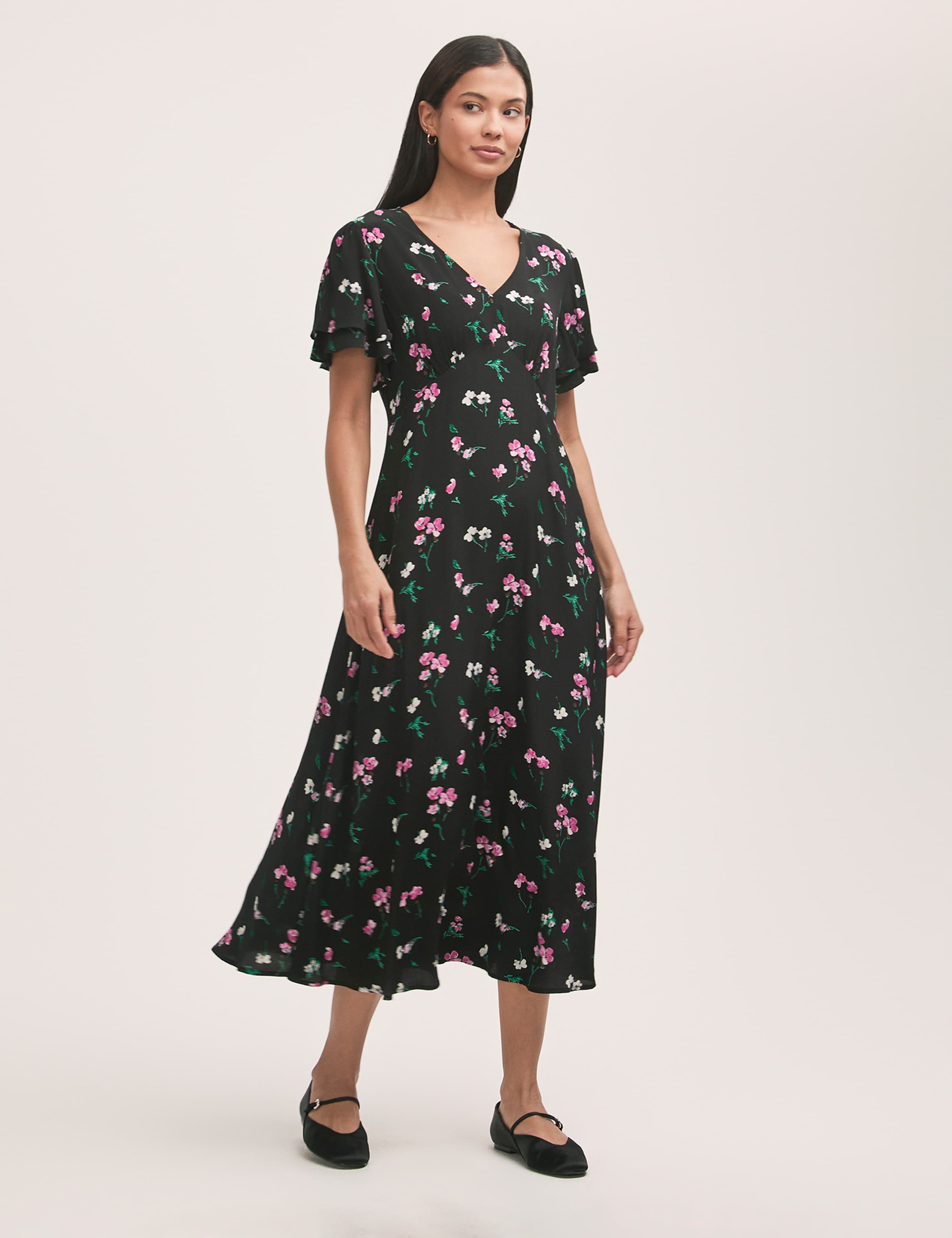 Floral V-Neck Angel Sleeve Midi Tea Dress