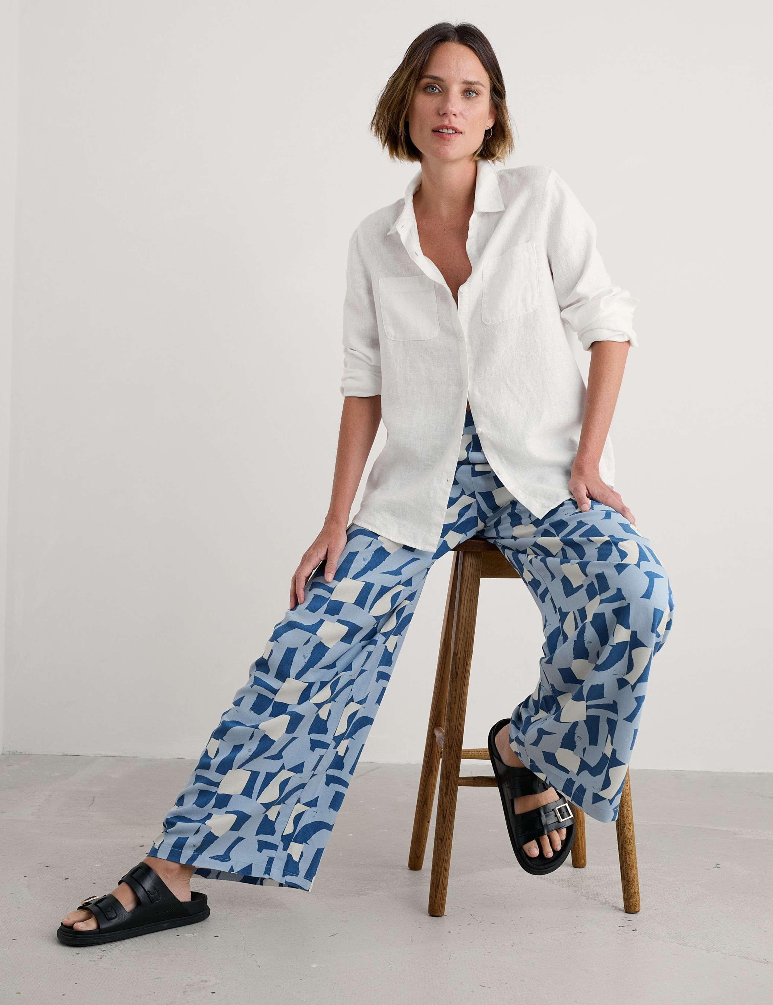 Printed Wide Leg Trousers with Linen