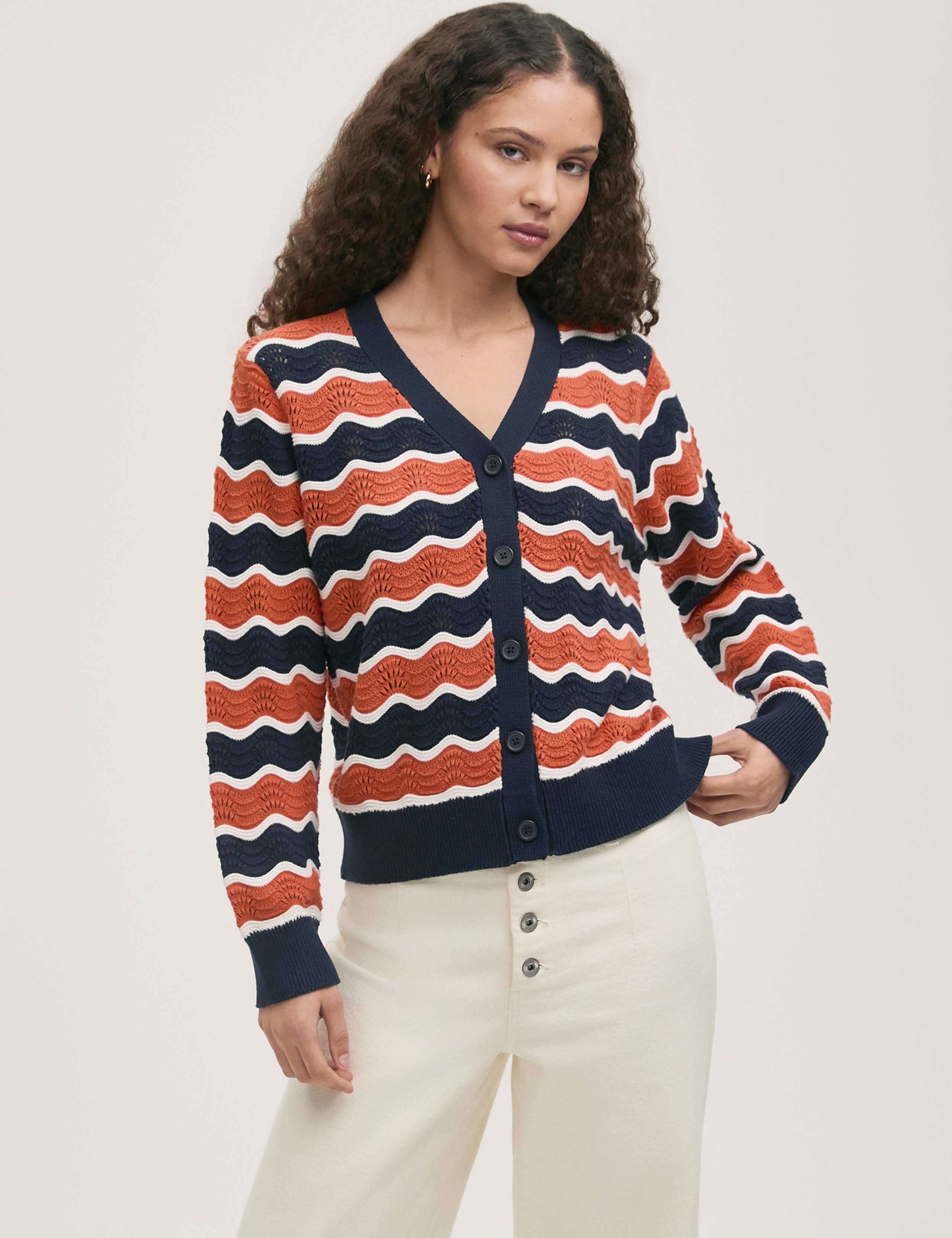 Pure Cotton Striped V-Neck Cardigan