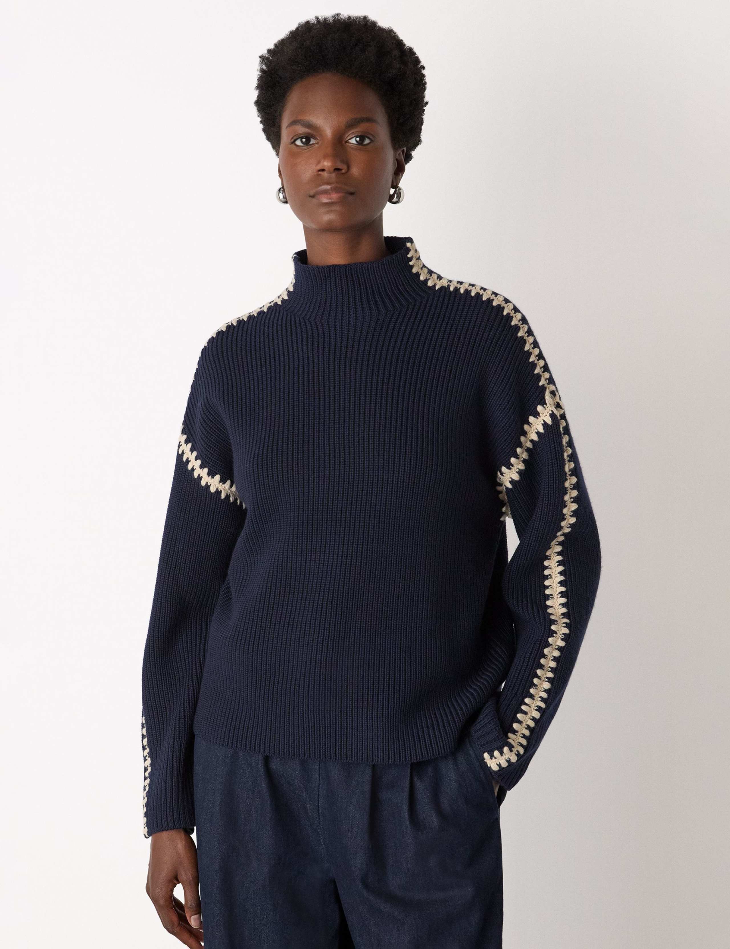 Wool Rich Blanket Stitch Funnel Neck Jumper