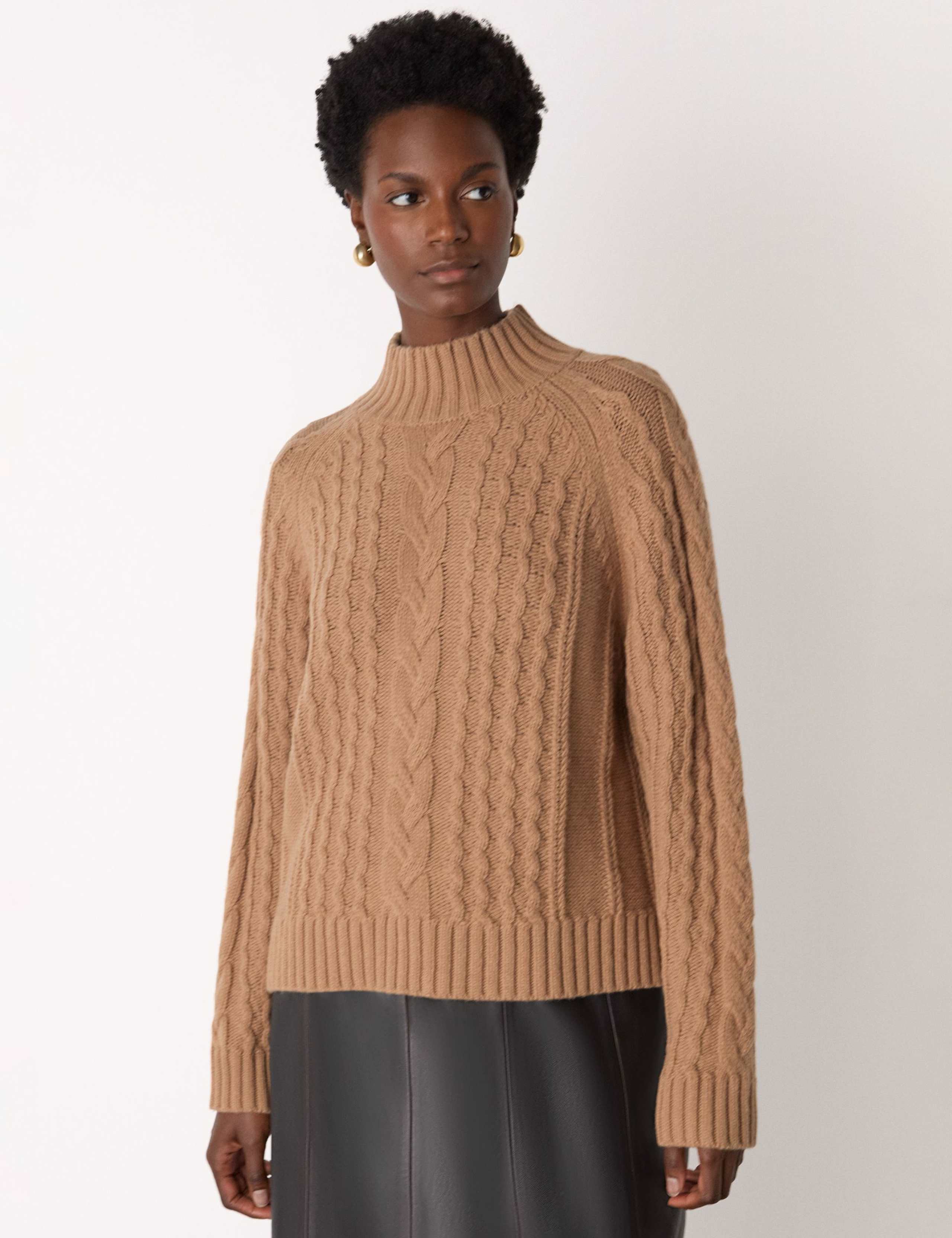 Wool Blend Cable Knit High Neck Jumper