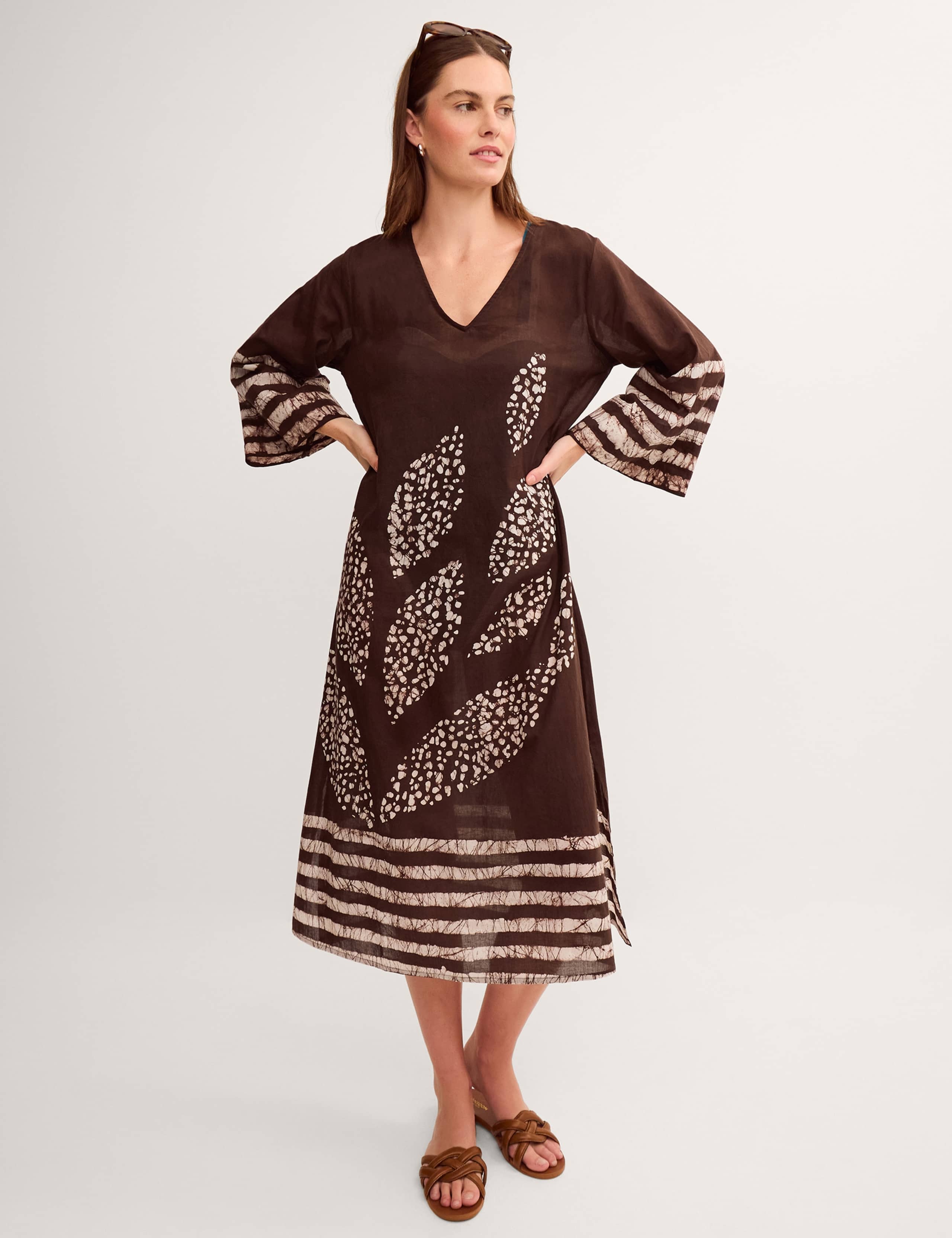 Cotton Rich Printed V-Neck Midaxi Kaftan Dress