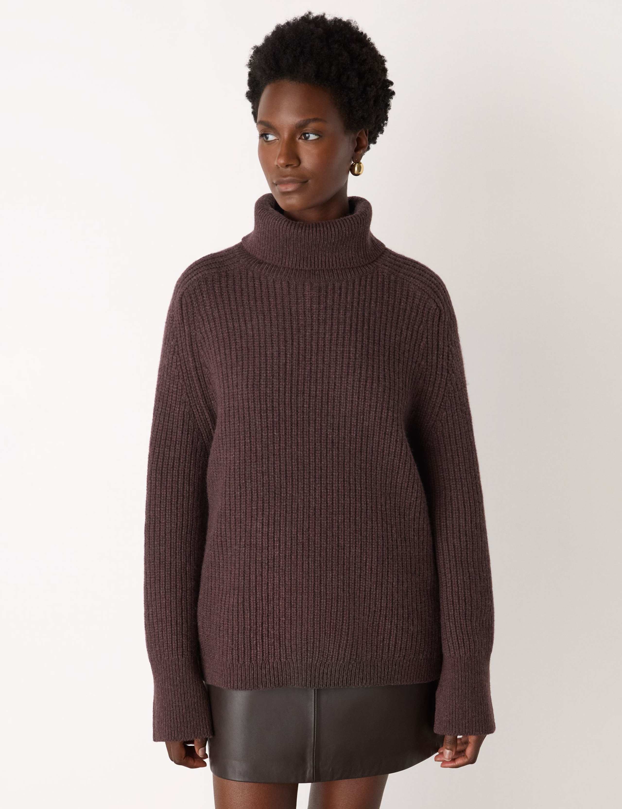 Pure Wool Ribbed Roll Neck Relaxed Fit Jumper