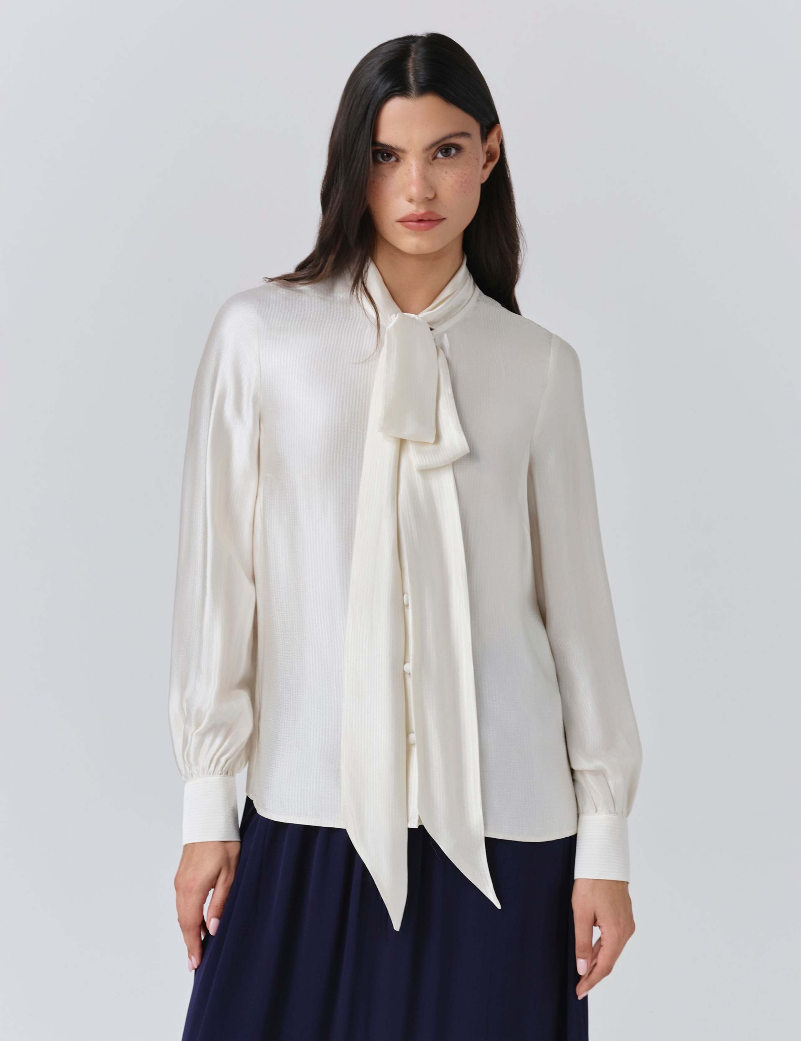 Satin Tie Neck Button Through Blouson Sleeve Blouse