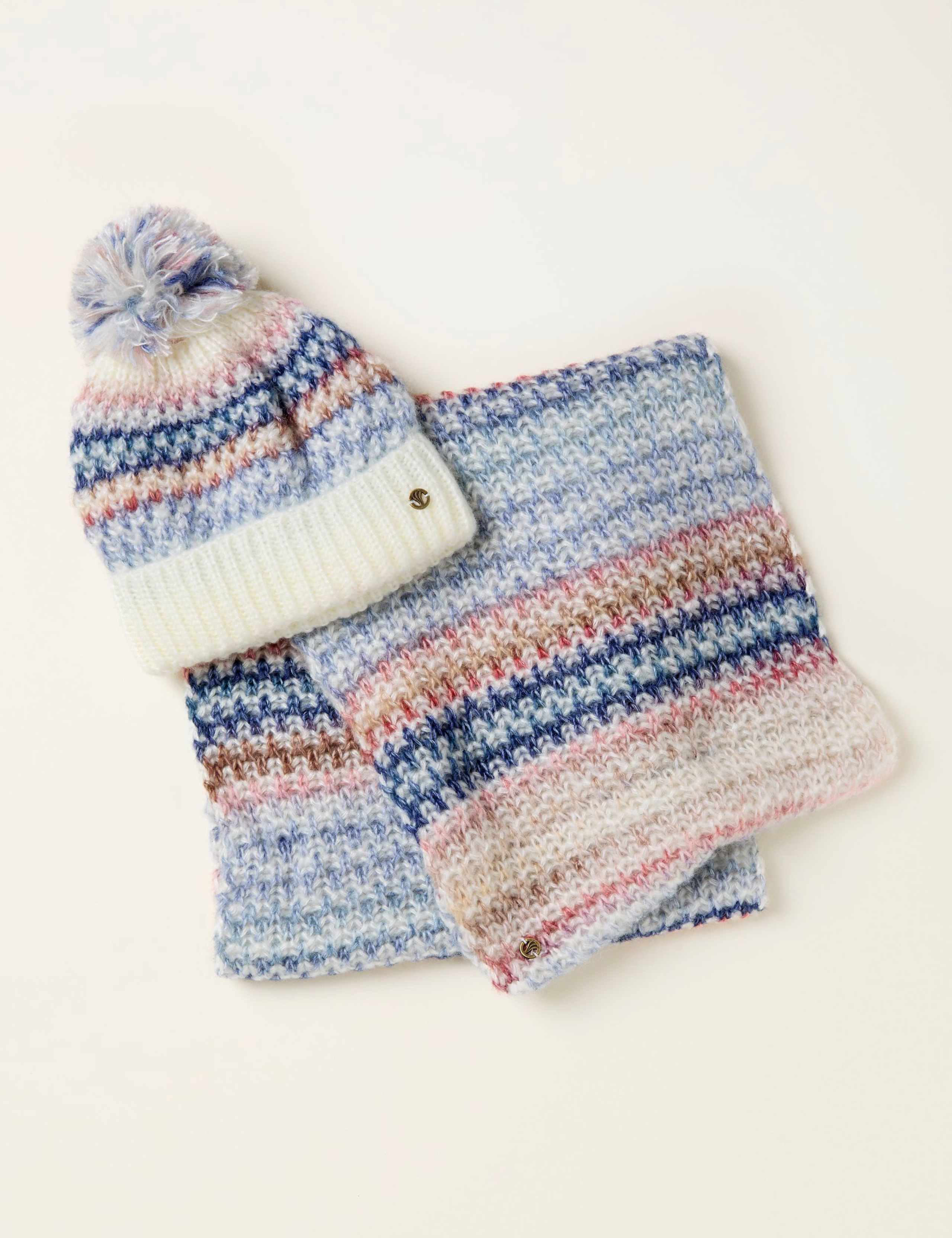 Striped Pom Pom Hat and Scarf Gift Set