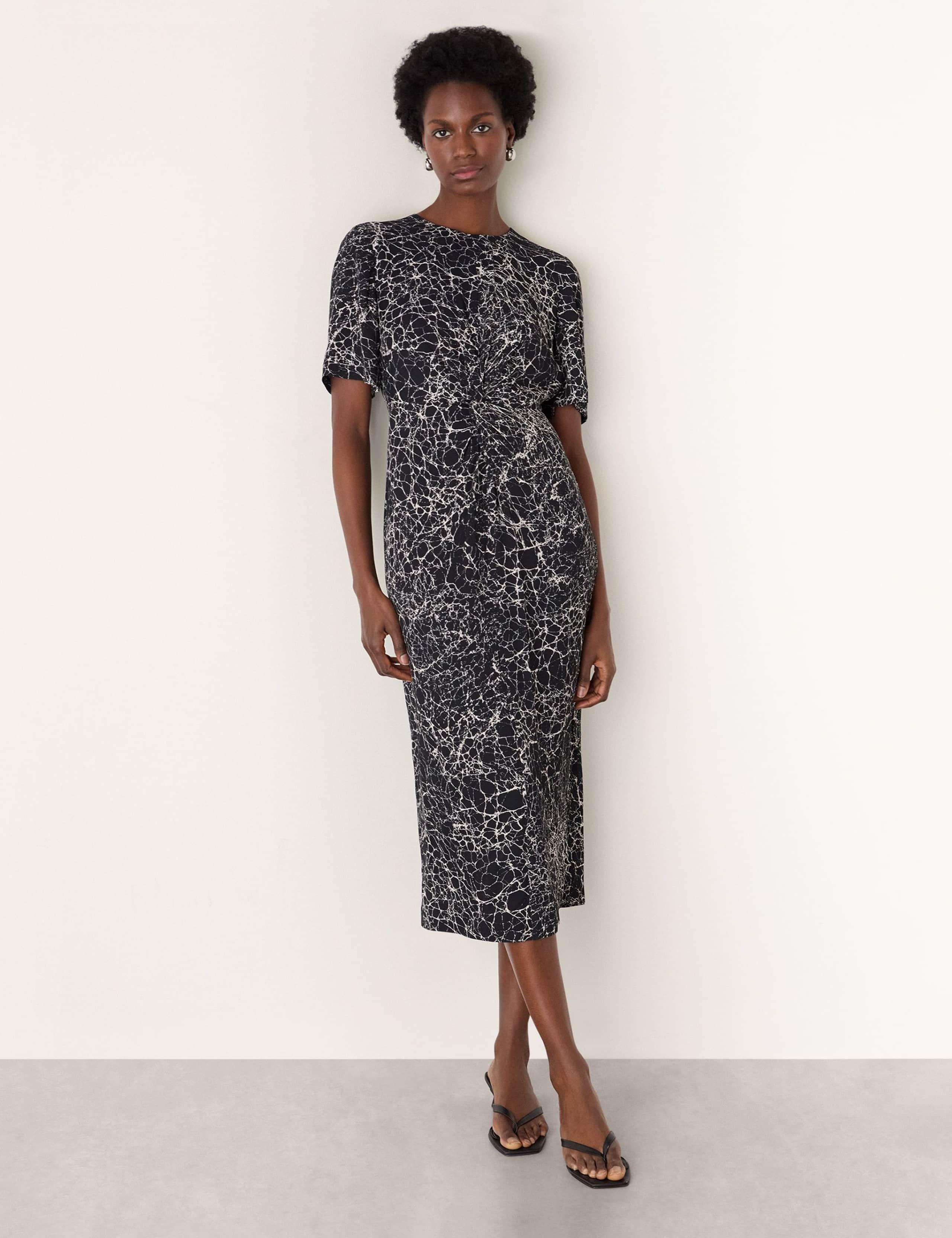 Crackle Print Twist Front Midi Shift Dress