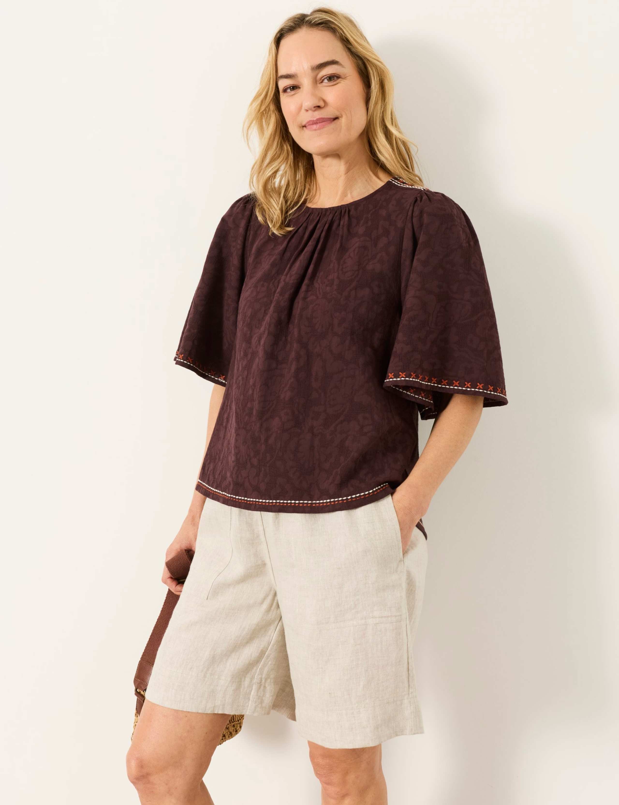 Pure Cotton Jacquard Flutter Sleeve Blouse