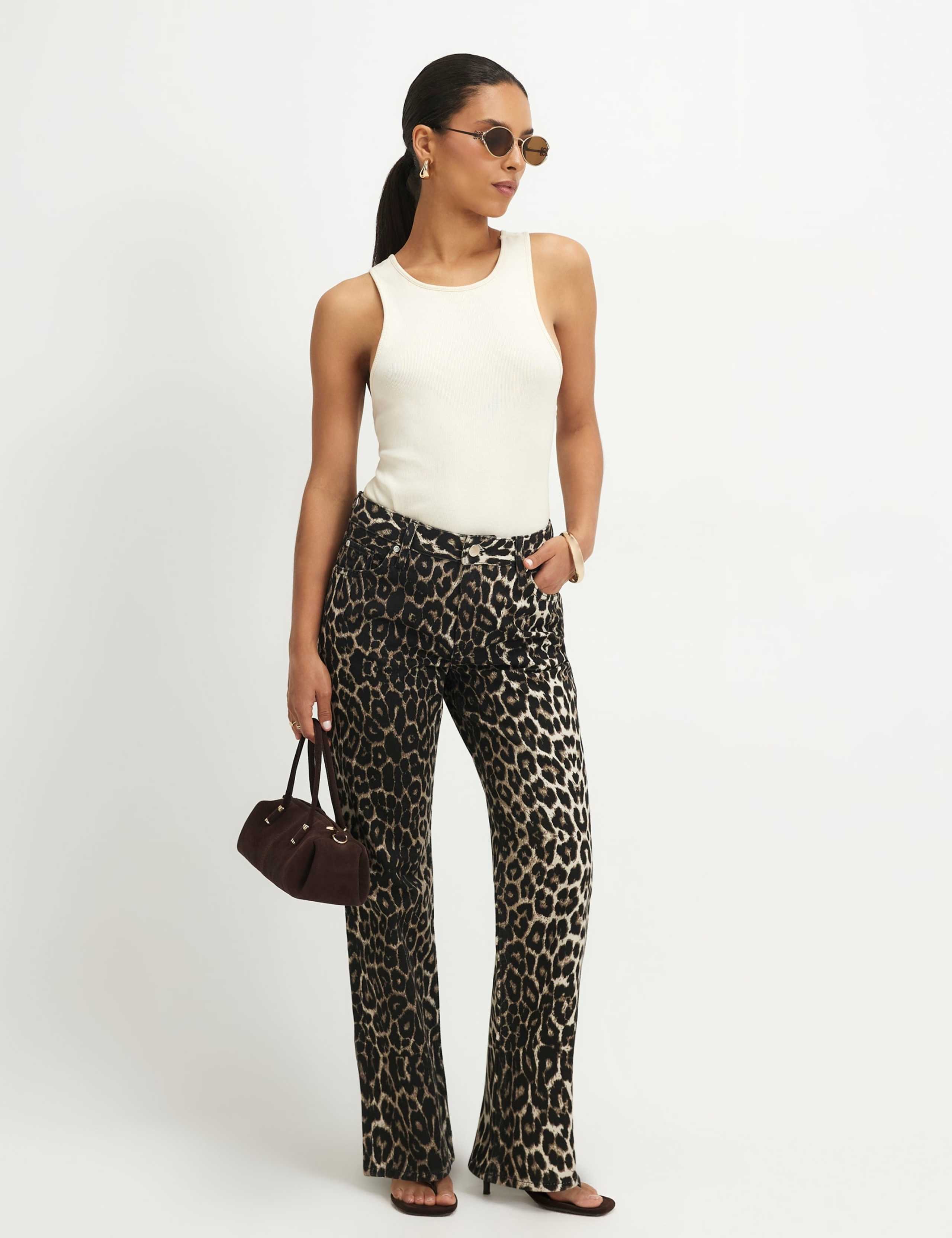 Mid Rise Leopard Print Slim Straight Leg Jeans