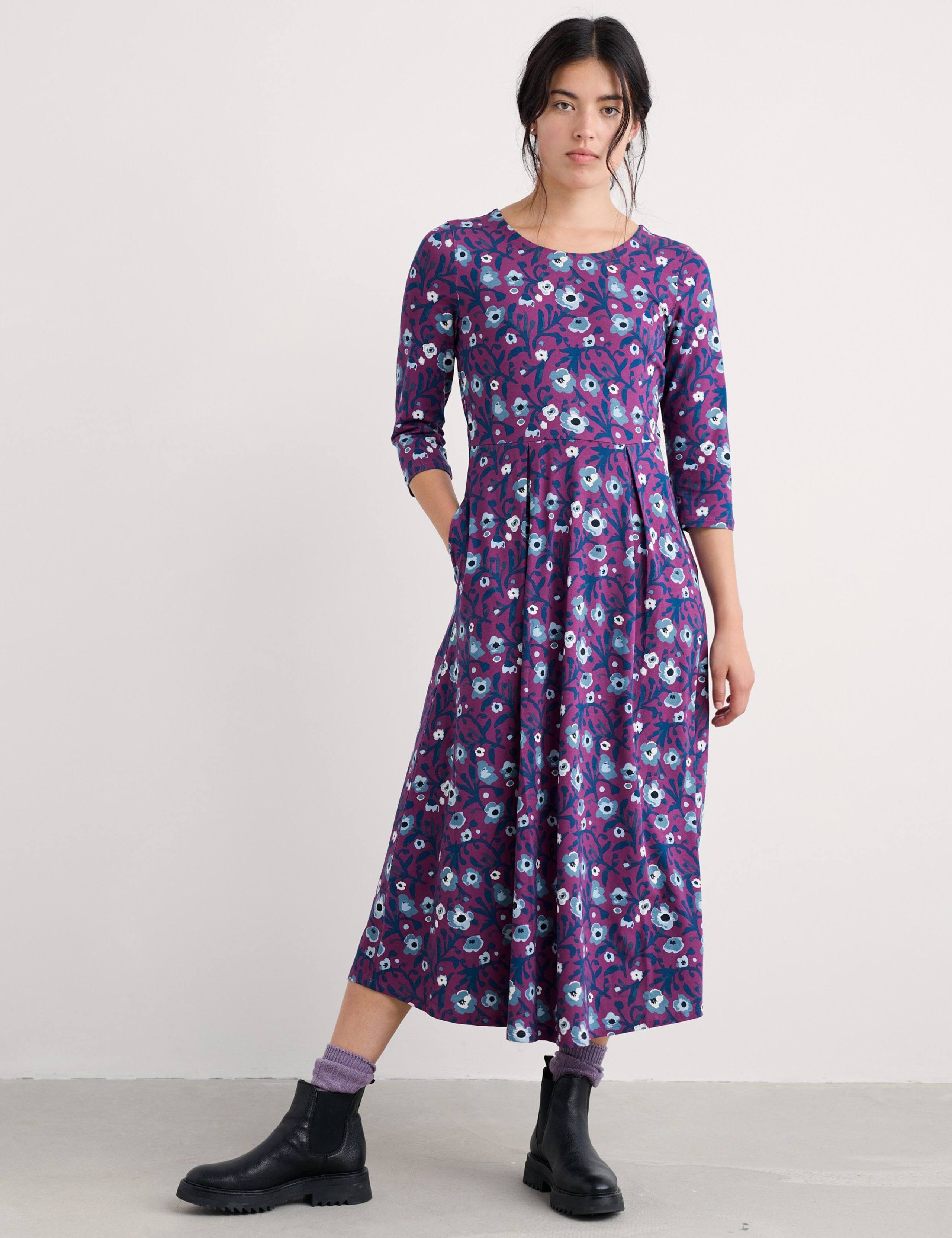 Cotton Rich Jersey Floral Midi Waisted Dress