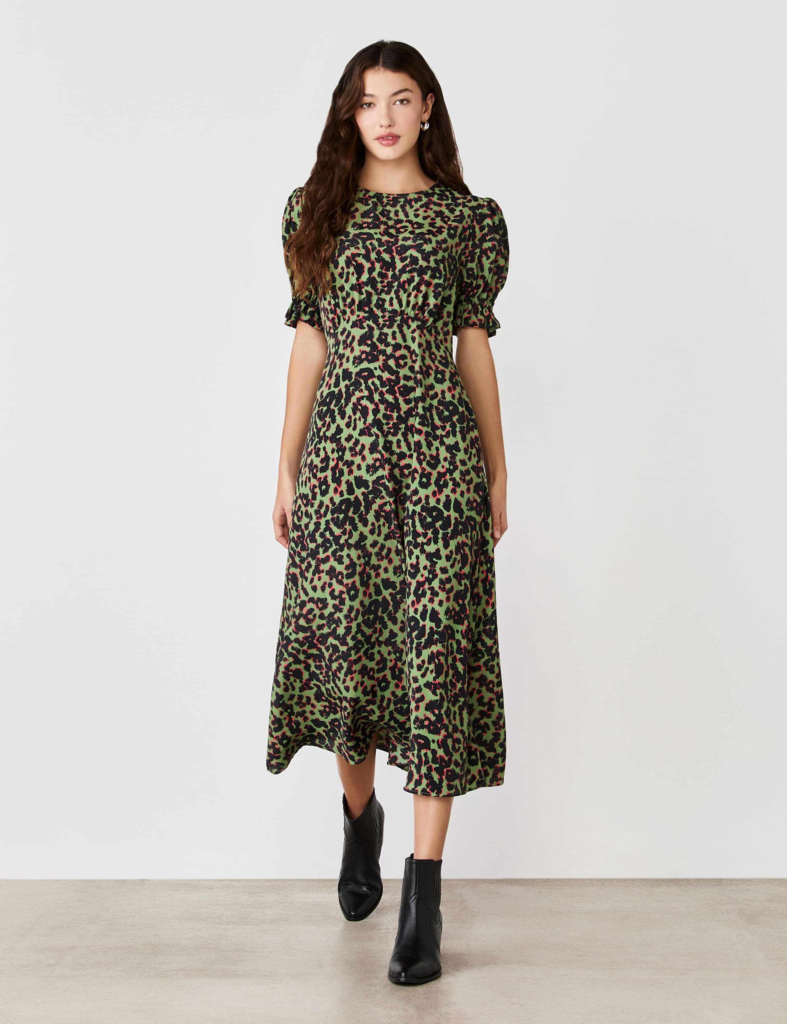 Crepe Animal Print Midi Tea Dress