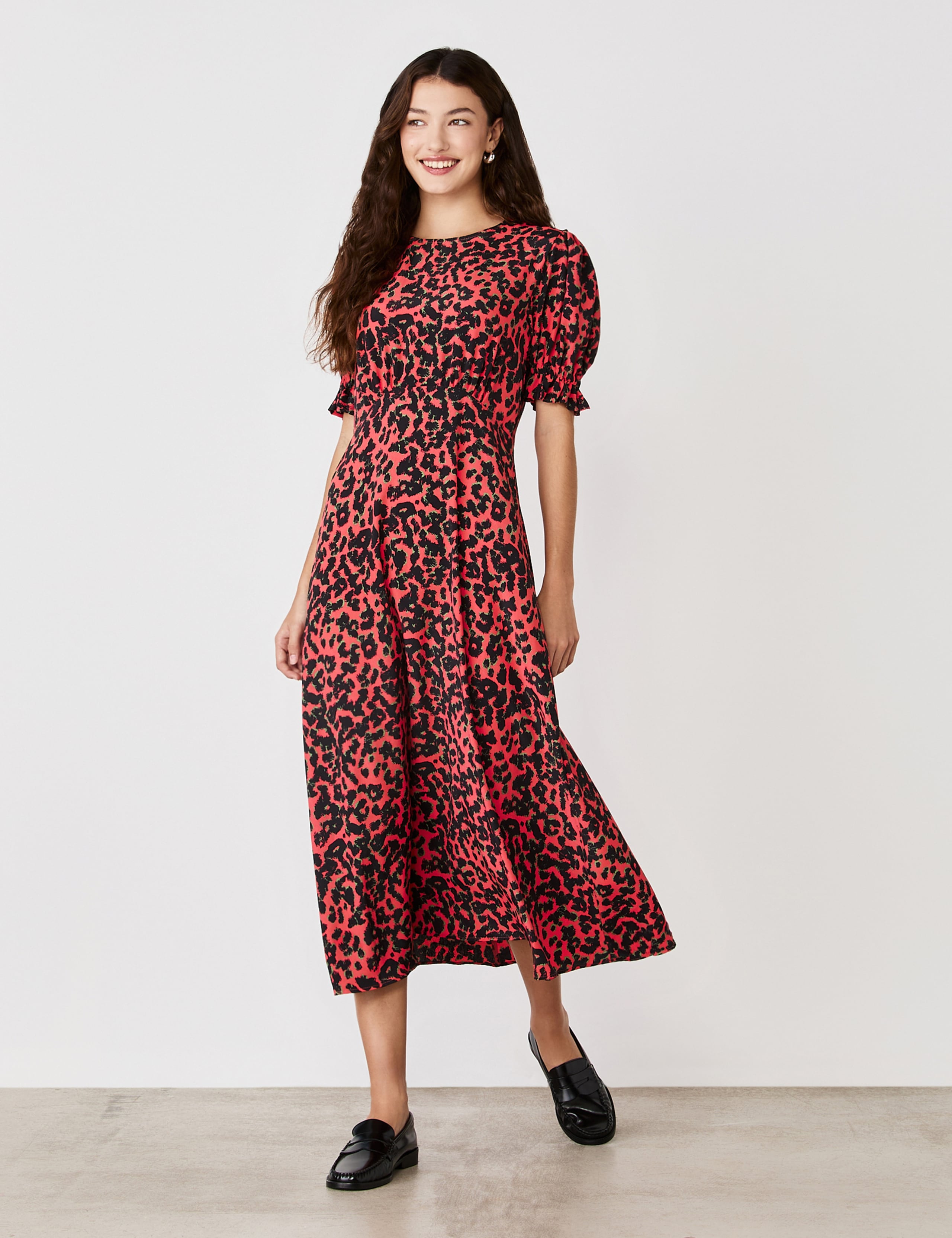 Crepe Animal Print Midi Tea Dress