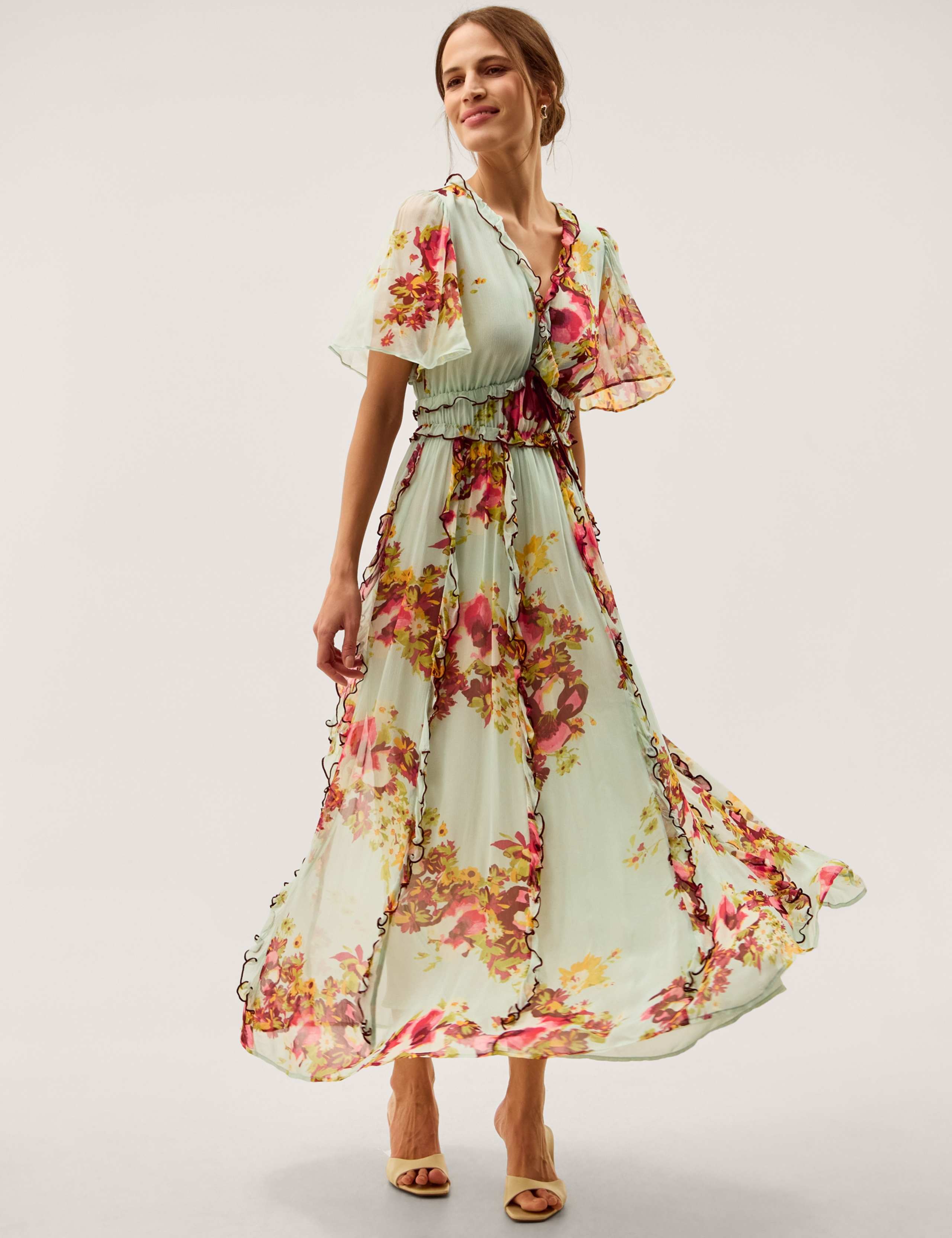 Floral V-Neck Angel Sleeve Maxi Tea Dress