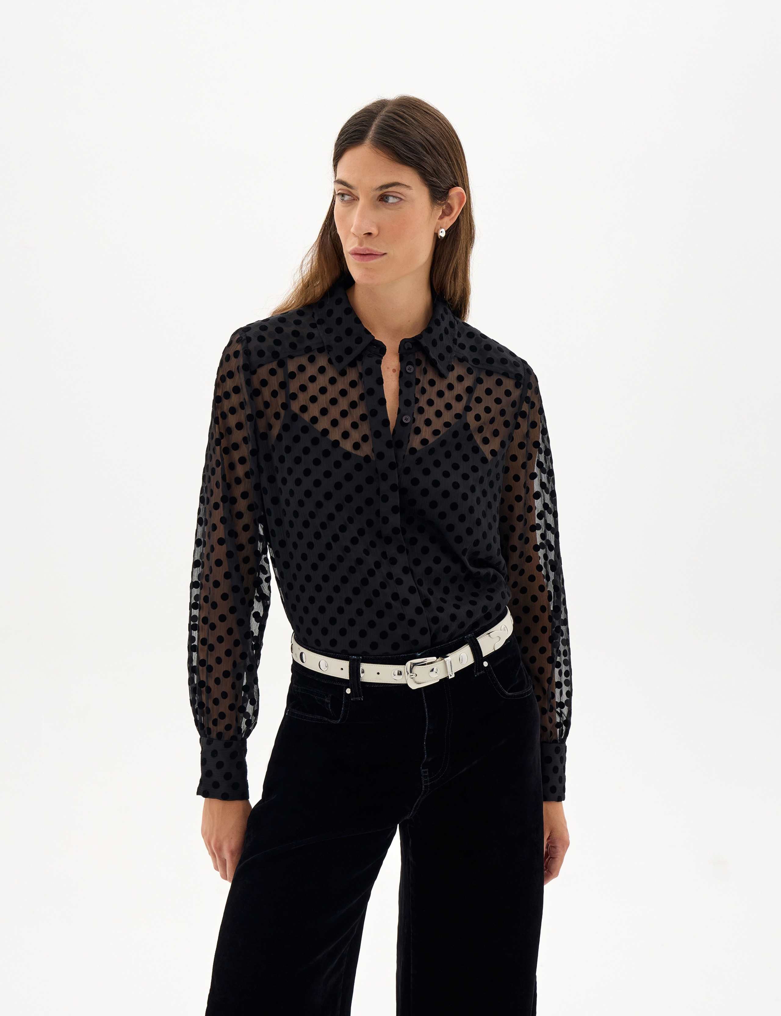 Chiffon Flock Polka Dot Shirt