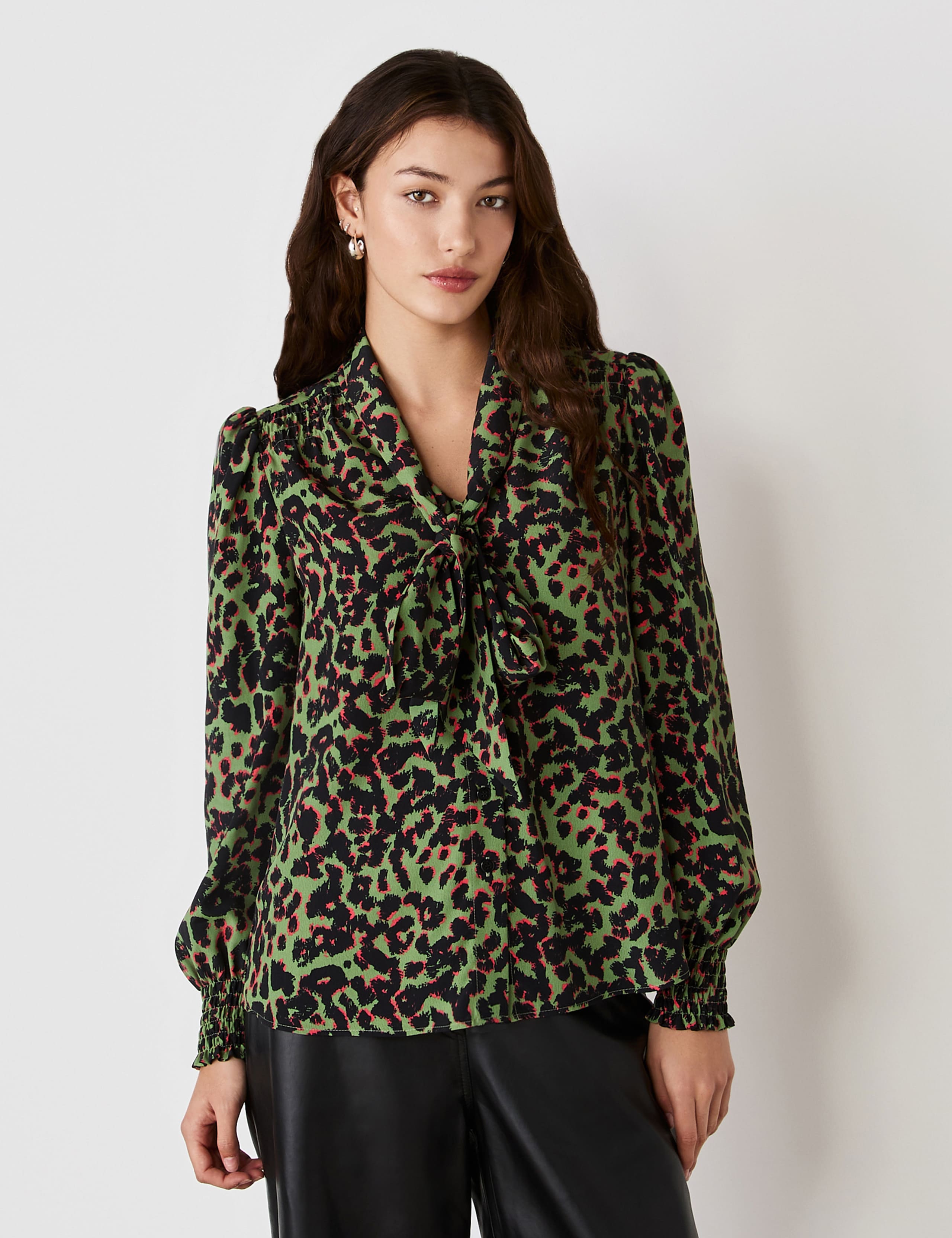 Crepe Animal Print Tie Neck Blouse