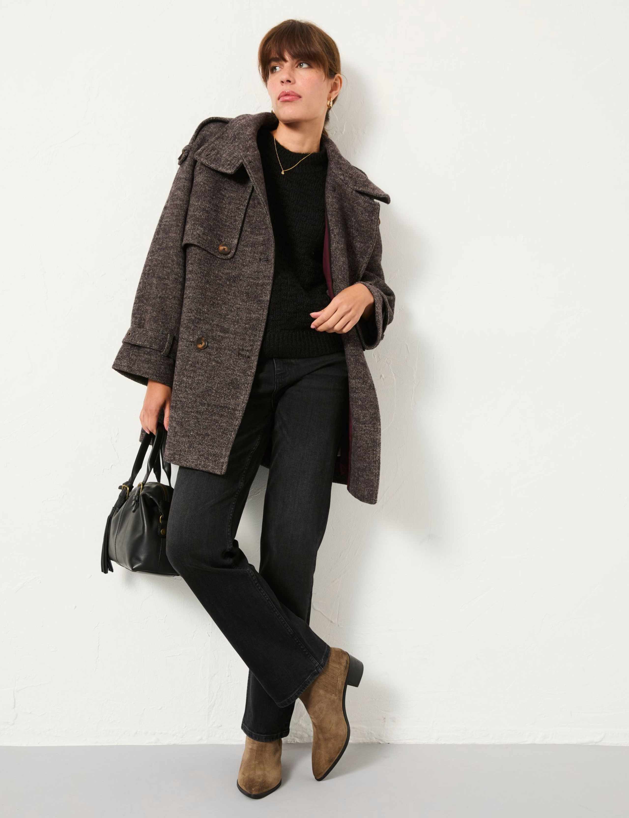 Wool Blend Herringbone Double Breasted Coat