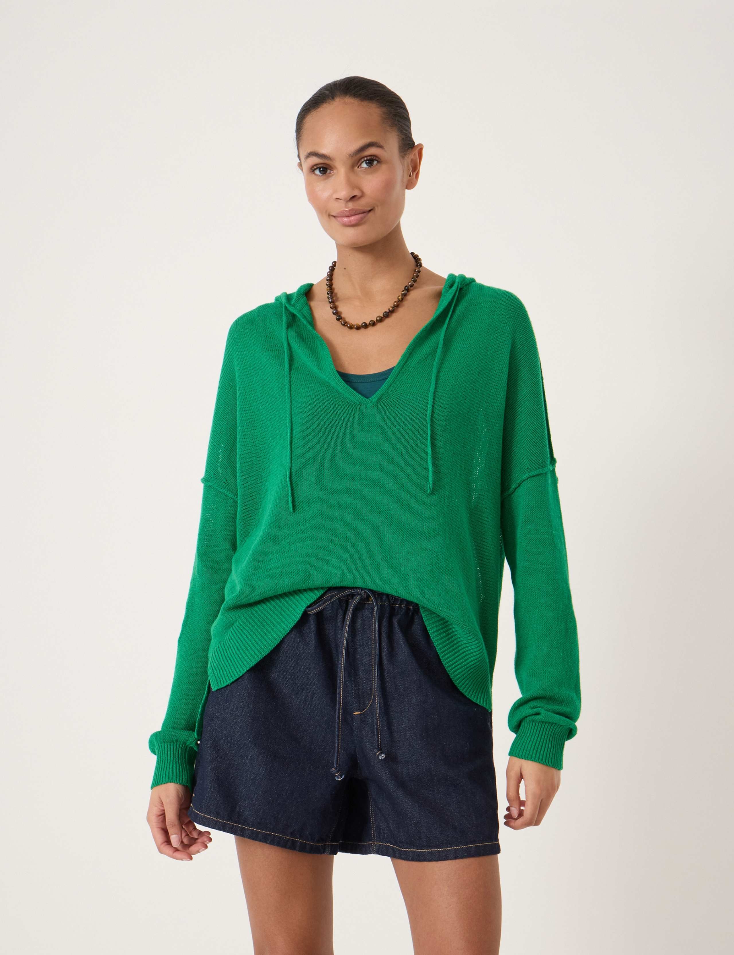 Linen Blend V-Neck Oversized Hoodie