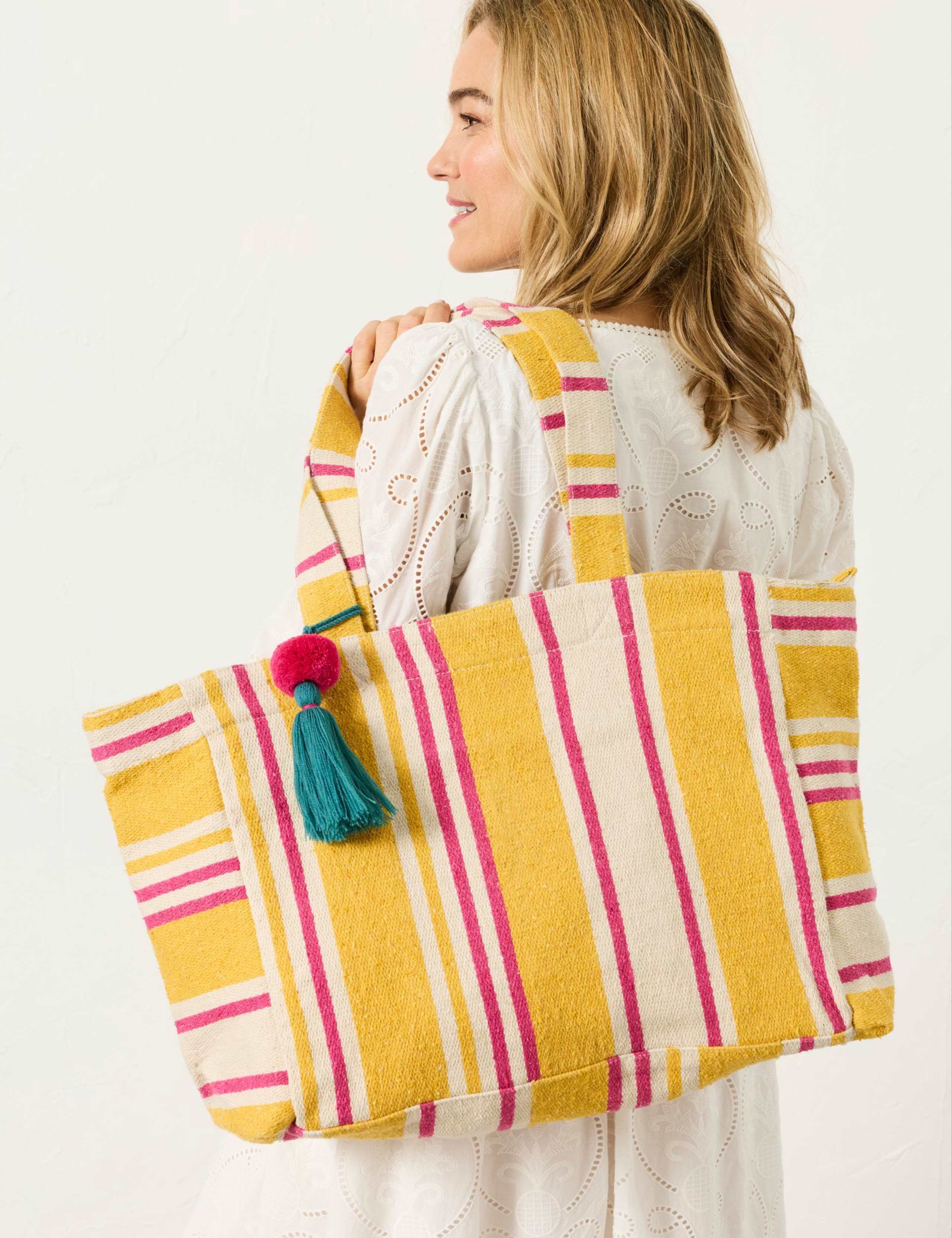 Cotton Blend Striped Tote Bag