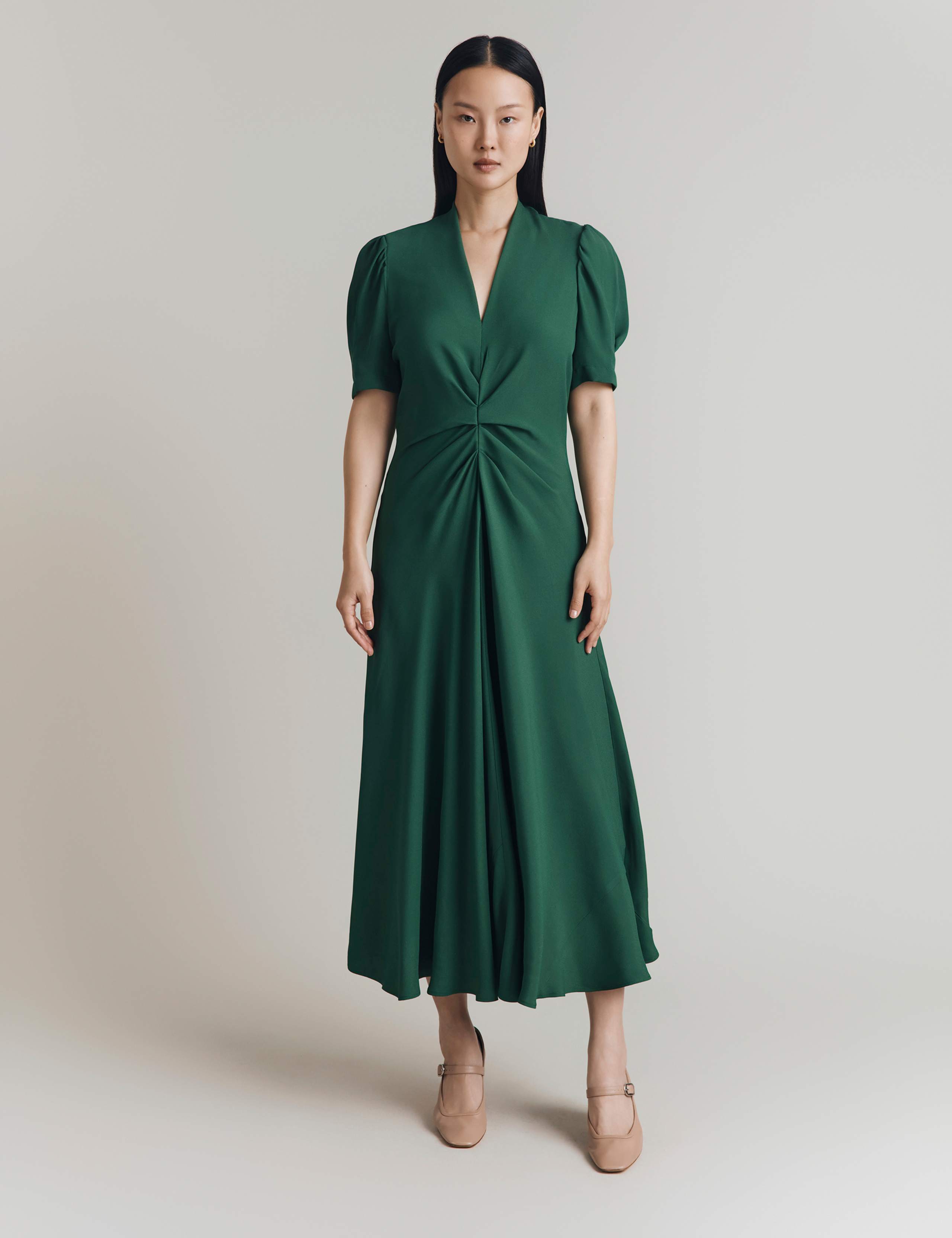 Satin Crepe V-Neck Ruched Midi Tea Dress