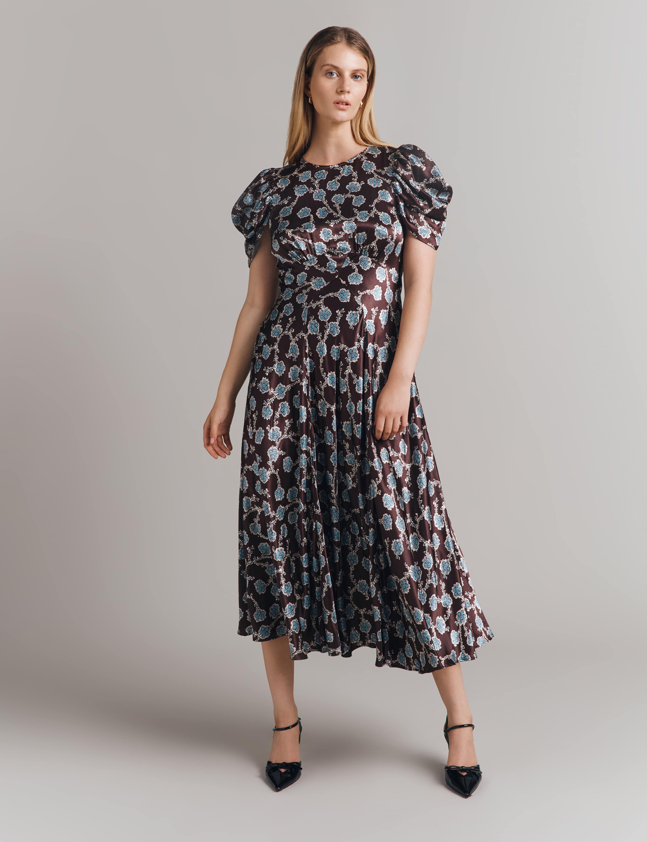 Satin Floral Round Neck Midi Skater Dress
