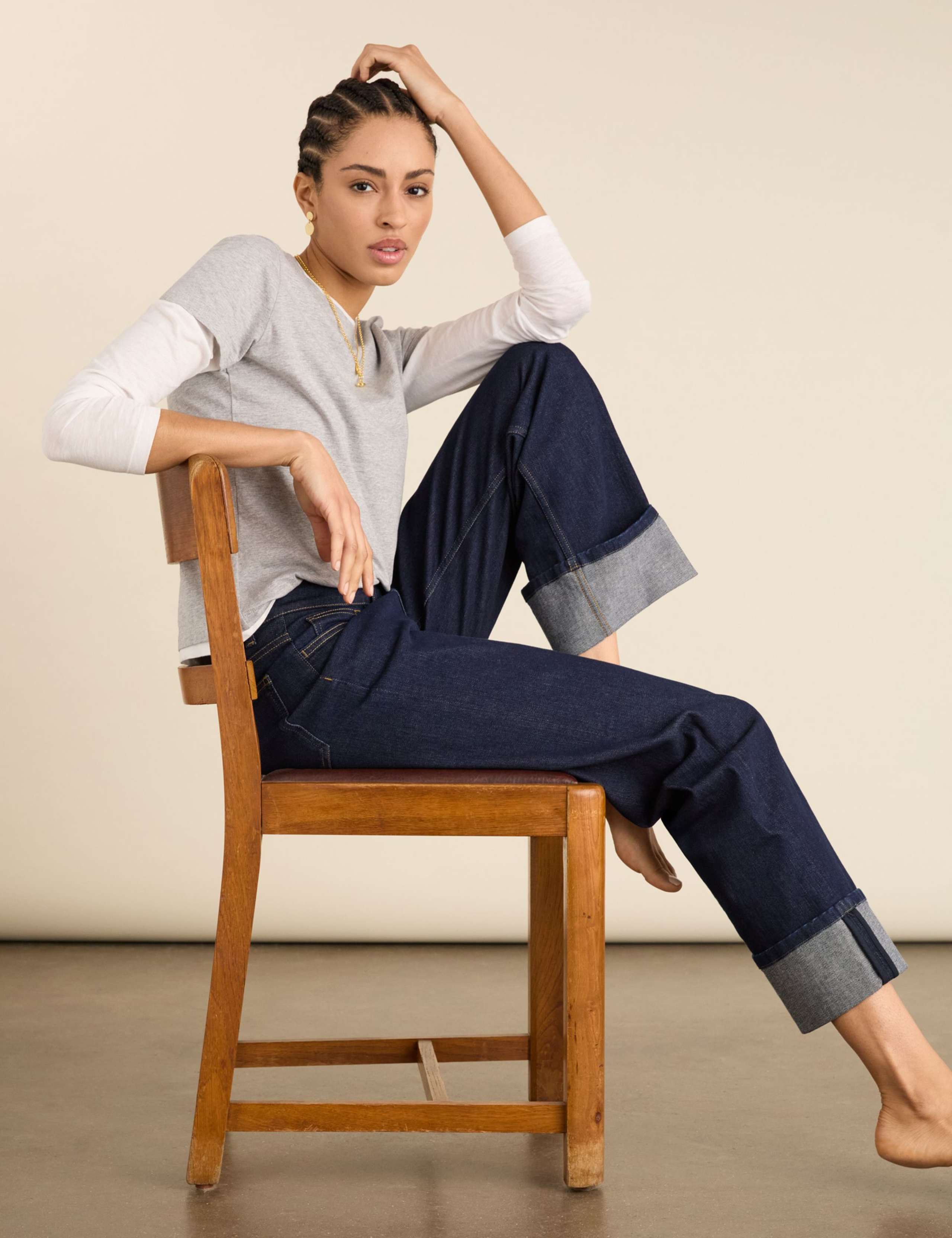 Mid Rise Straight Leg Turn Up Jeans