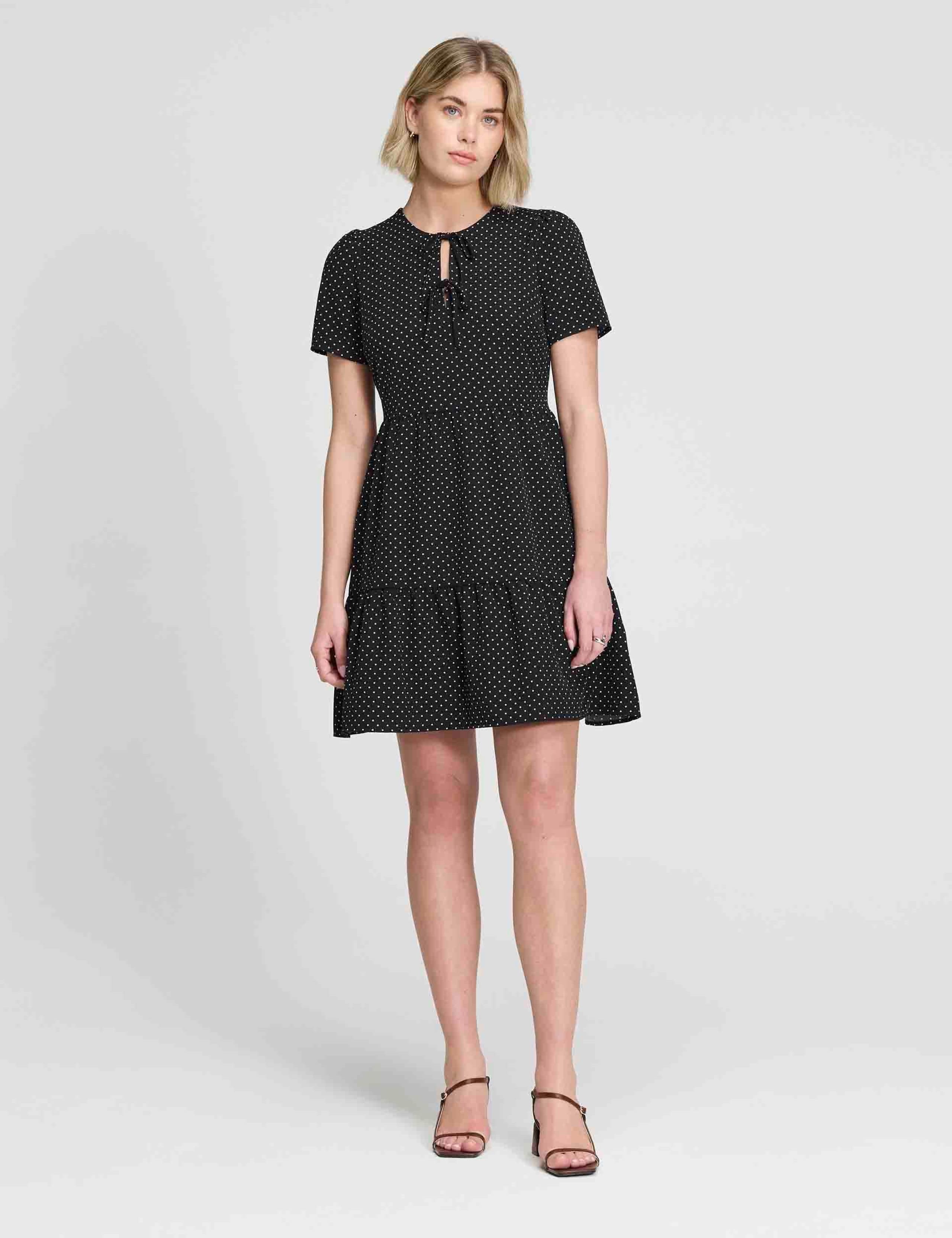 Polka Dot Tie Front Tiered Mini Dress