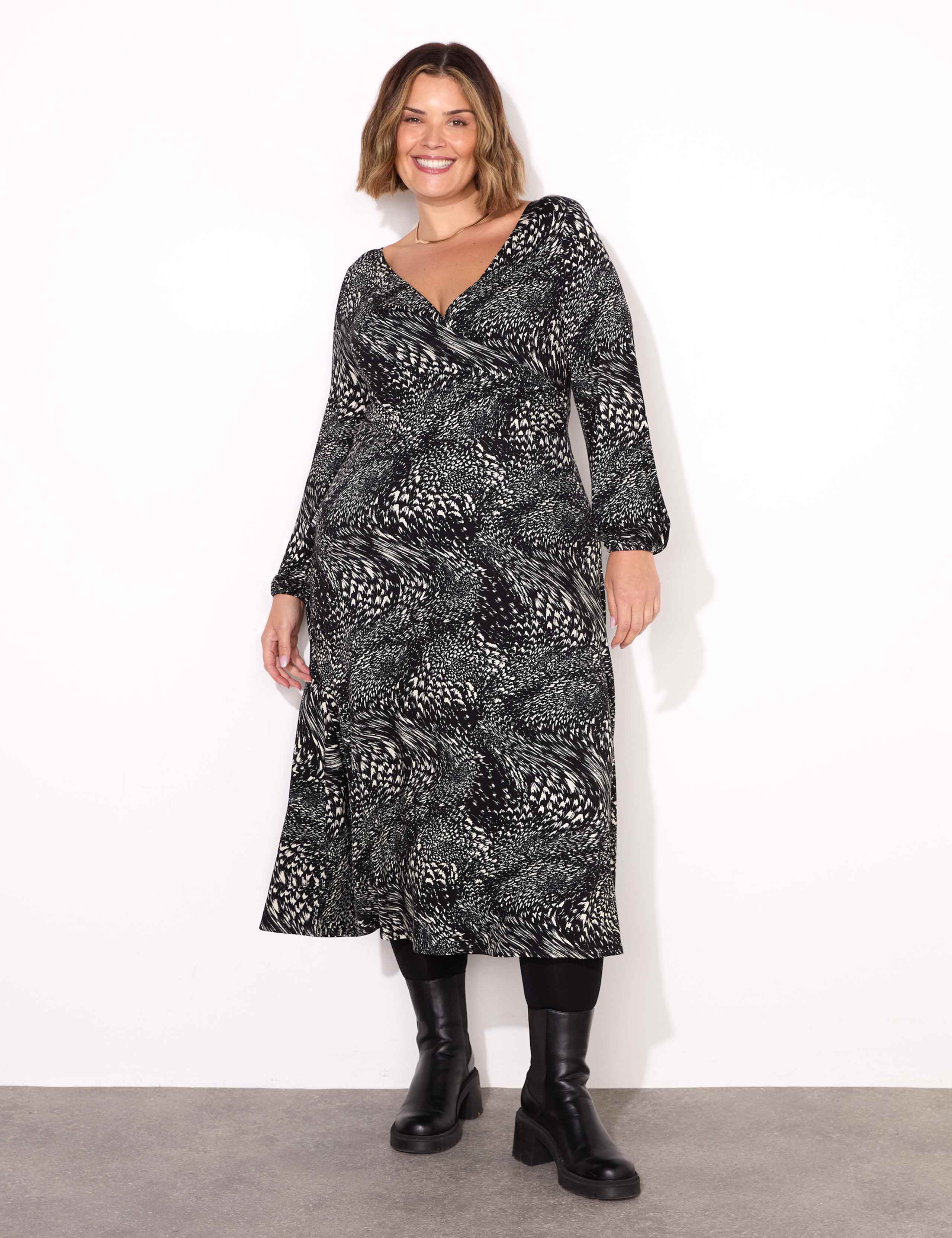Printed V-Neck Midi Wrap Dress
