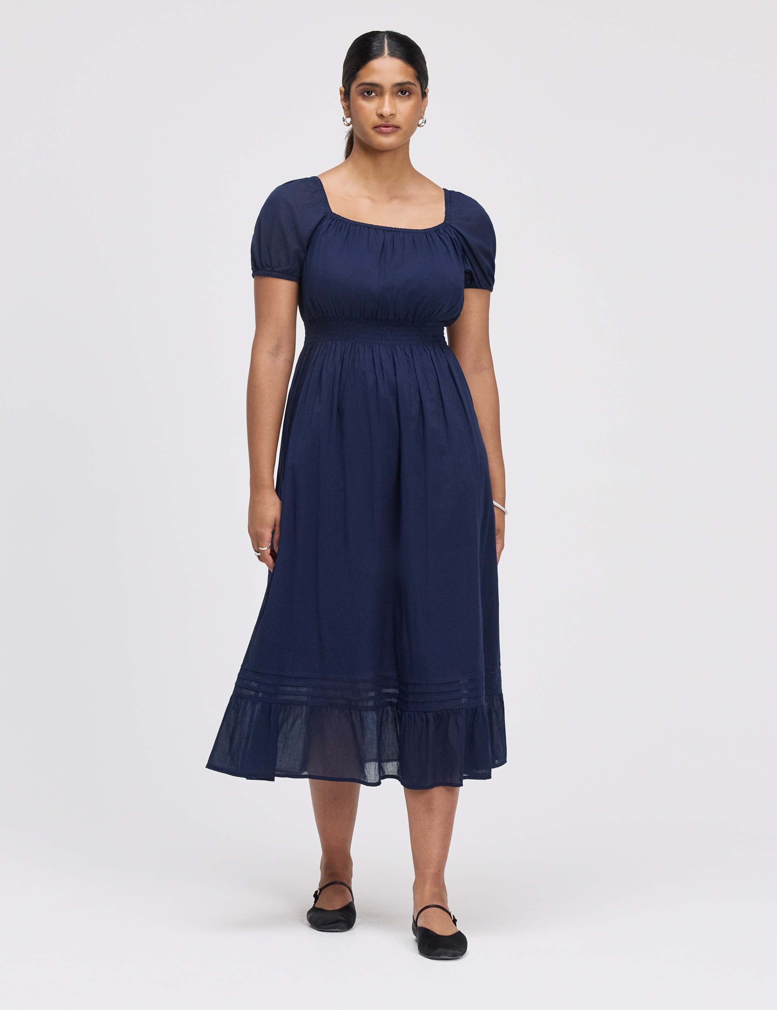 Pure Cotton Square Neck Midi Smock Dress