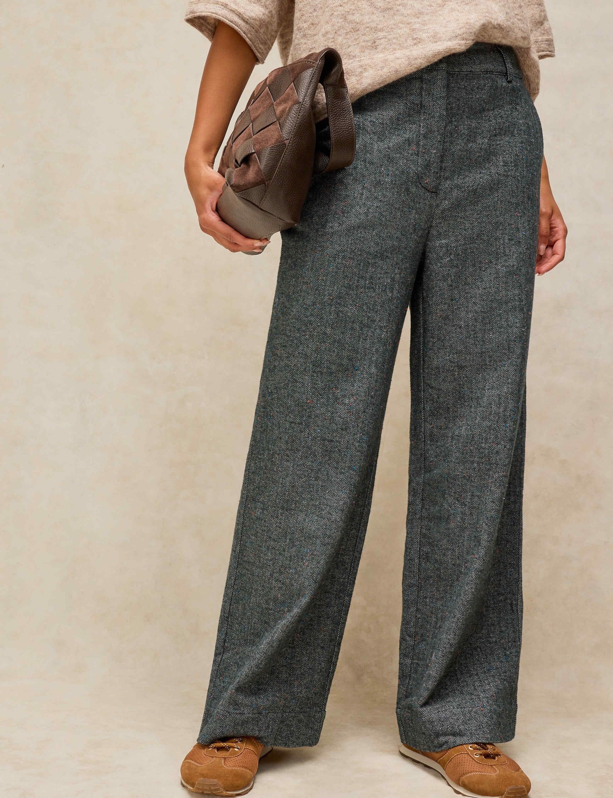 Cotton Rich Herringbone Wide Leg Trousers