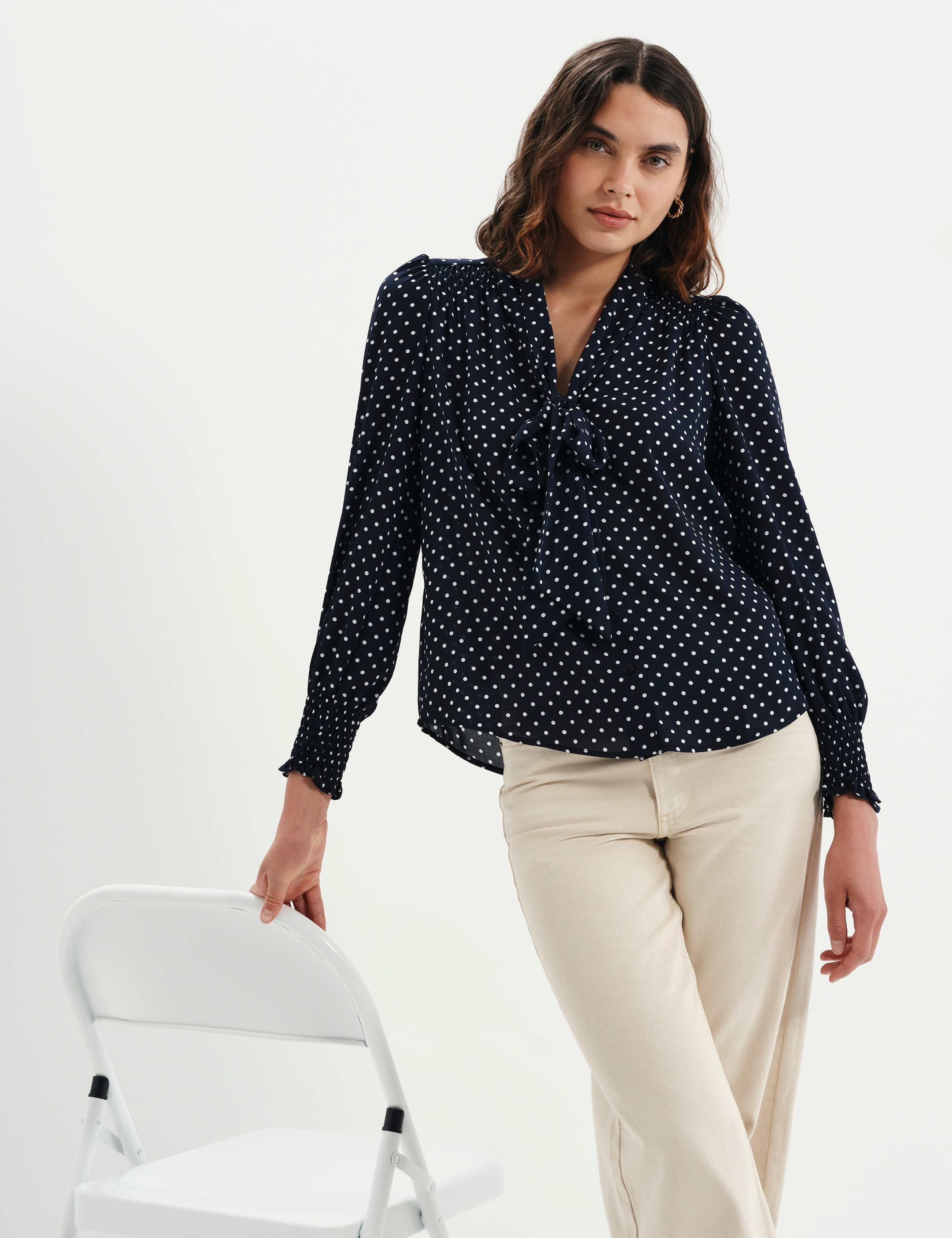 Polka Dot Pussybow Blouson Sleeve Blouse