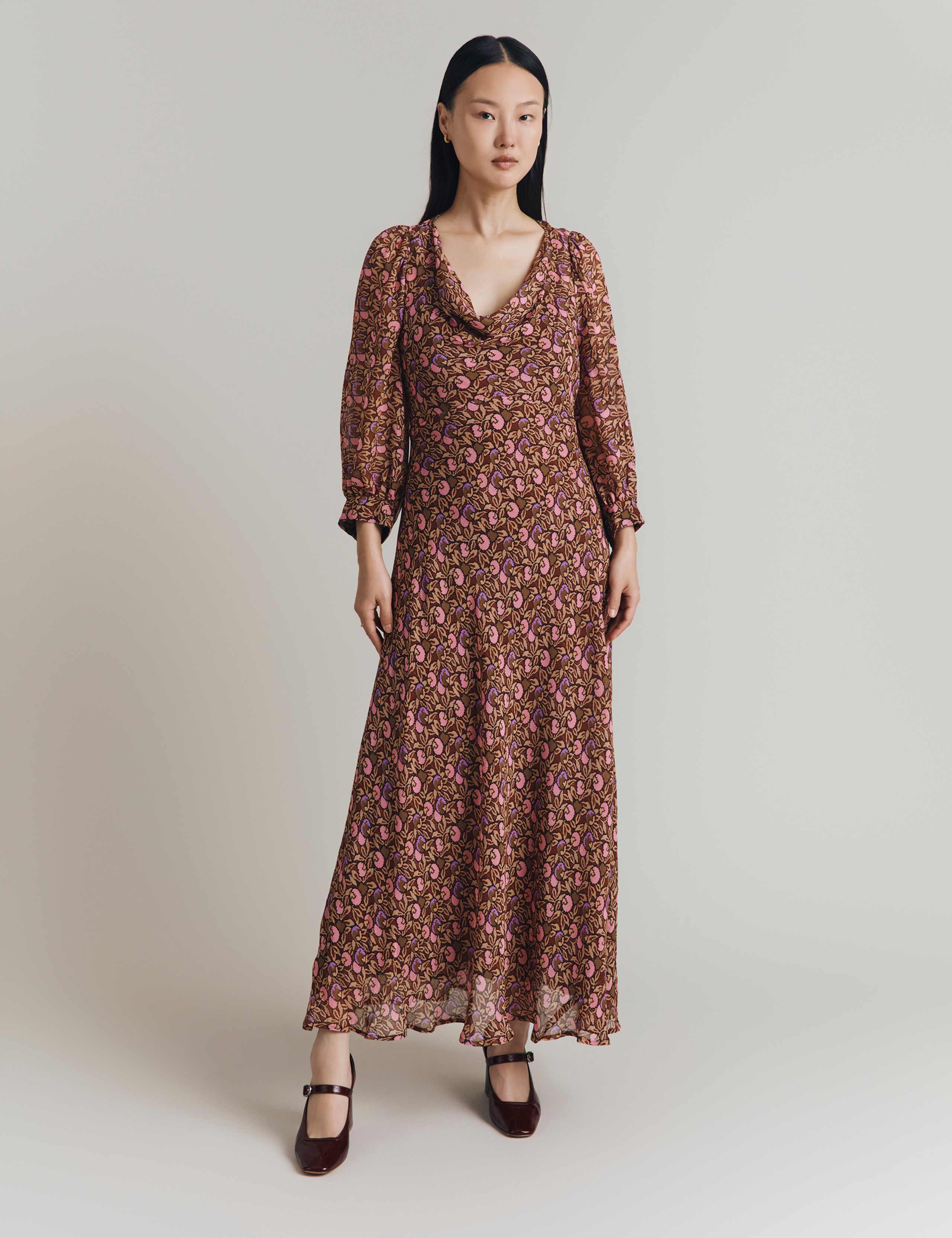 Floral Print Cowl Neck Midi Waisted Dress