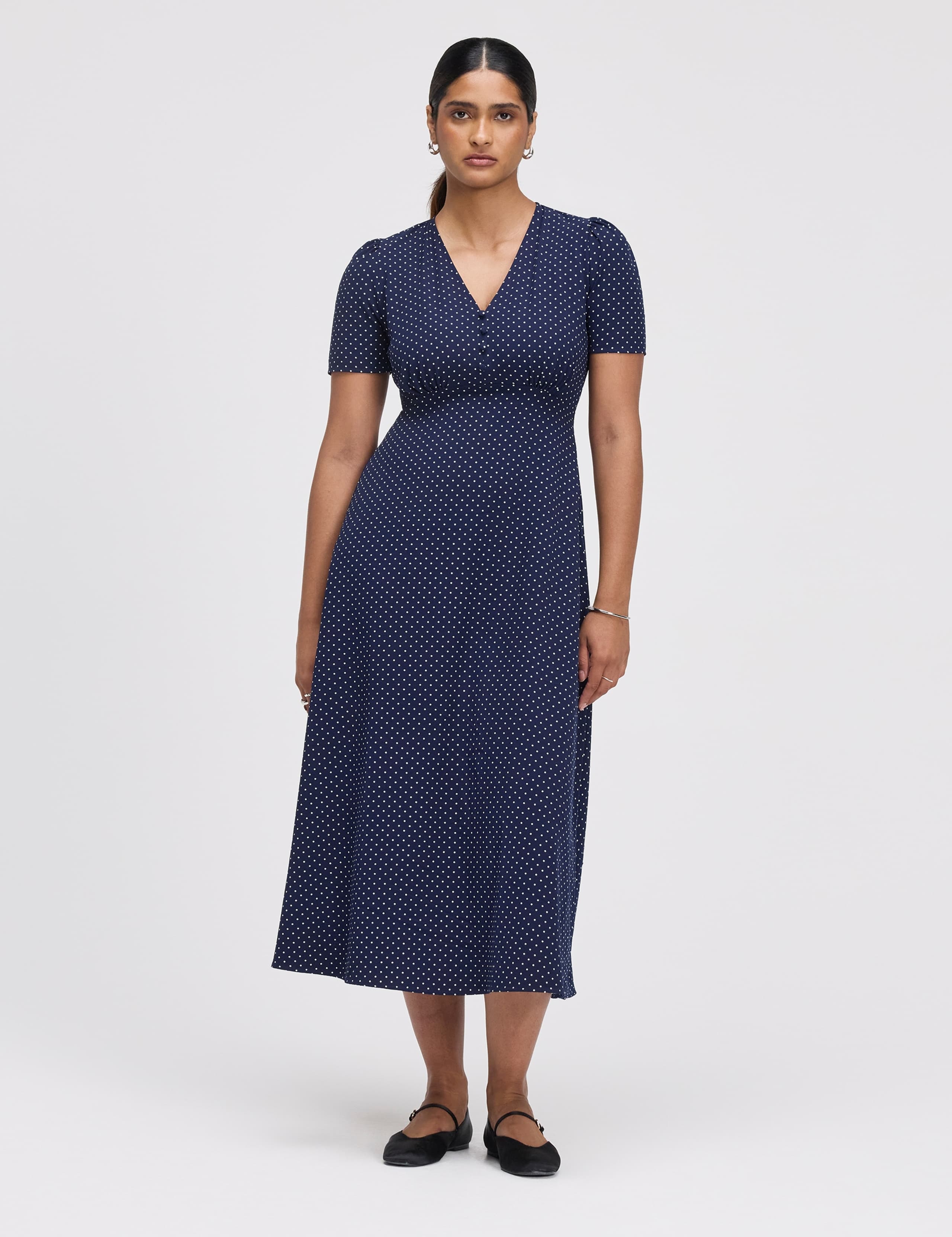 Polka Dot V-Neck Midi Tea Dress