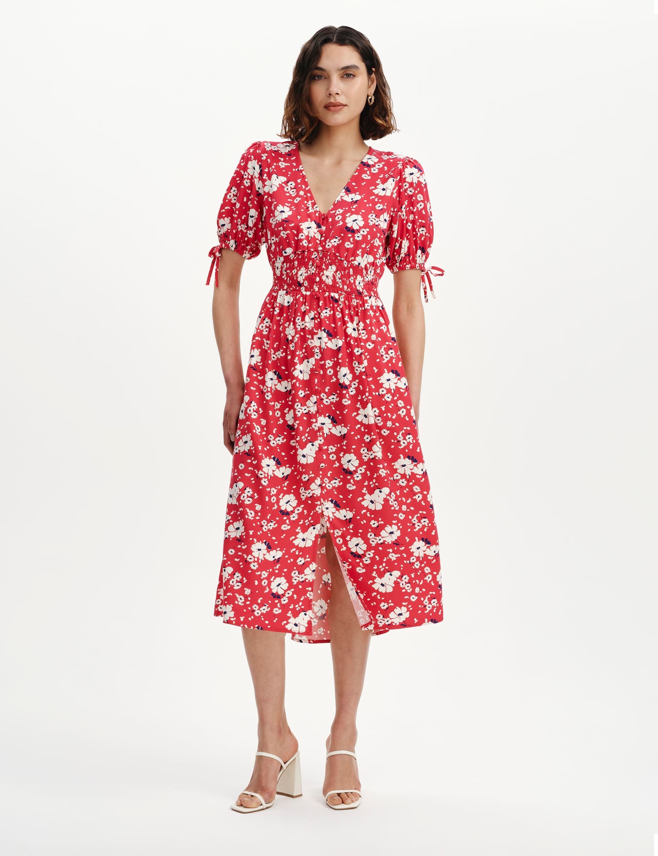 Floral Shirred Button Through Midi Dress