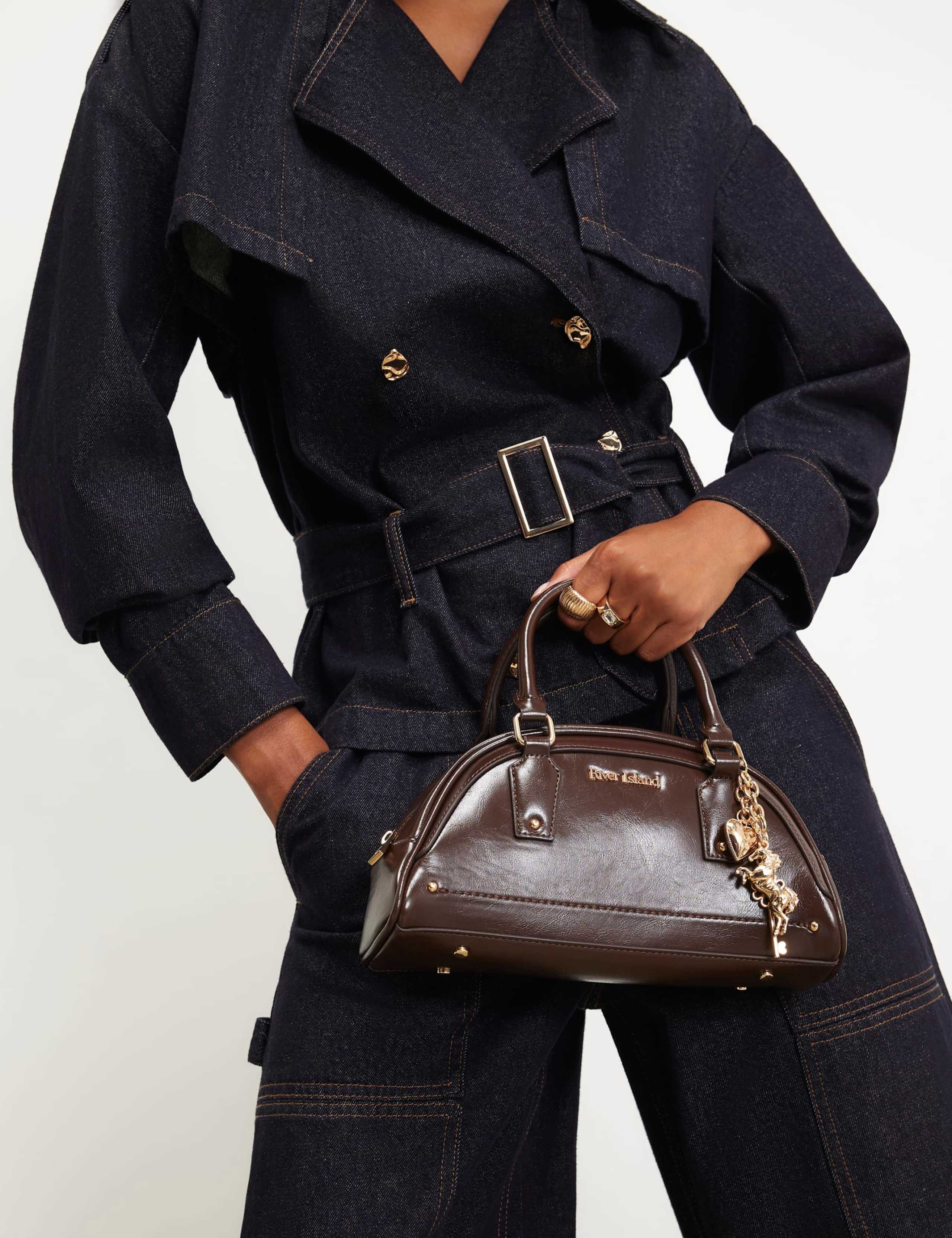Faux Leather Charm Bowler Bag