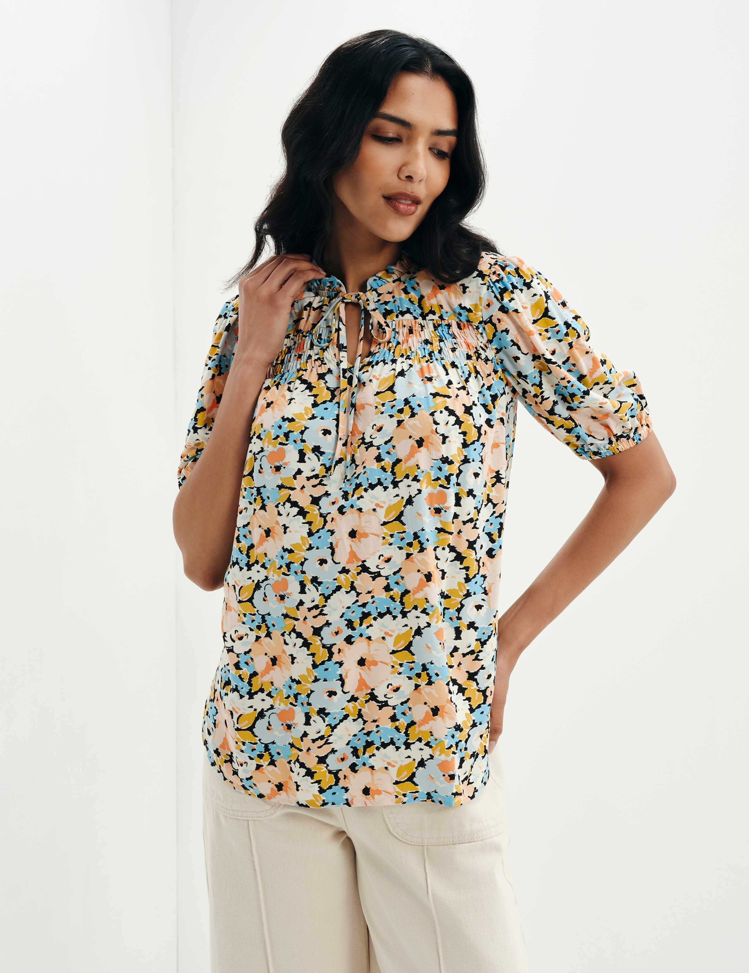Floral Shirred Tie Neck Relaxed Top