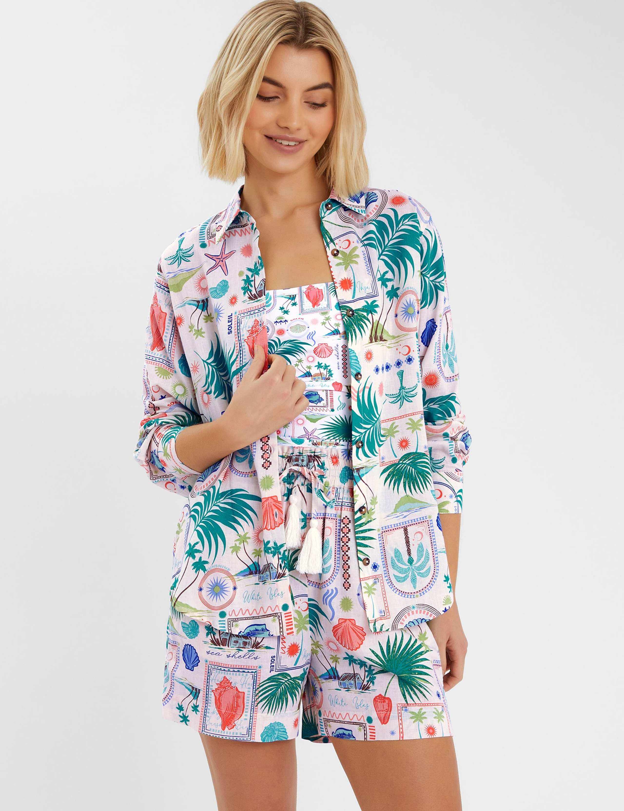 Postcard Print Beach Shirt with Linen