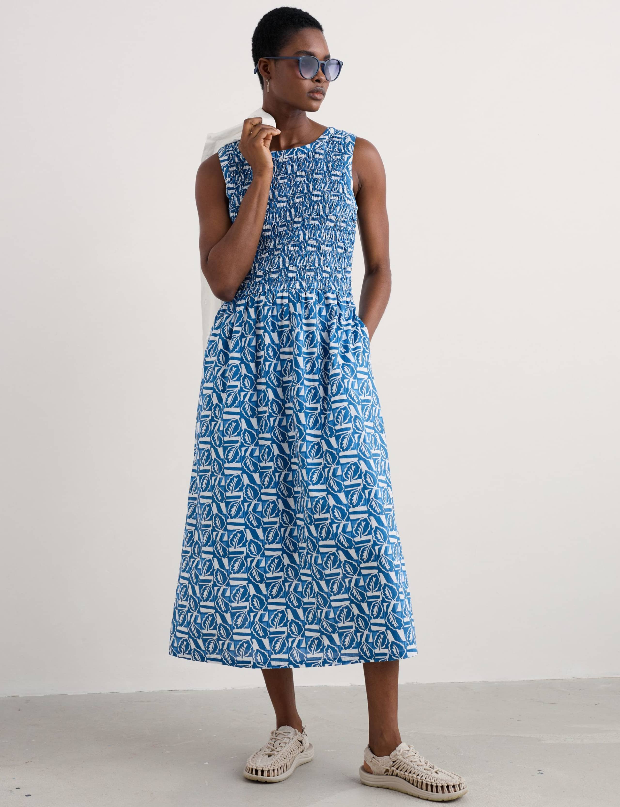 Pure Cotton Leaf Print Shirred Midaxi Dress