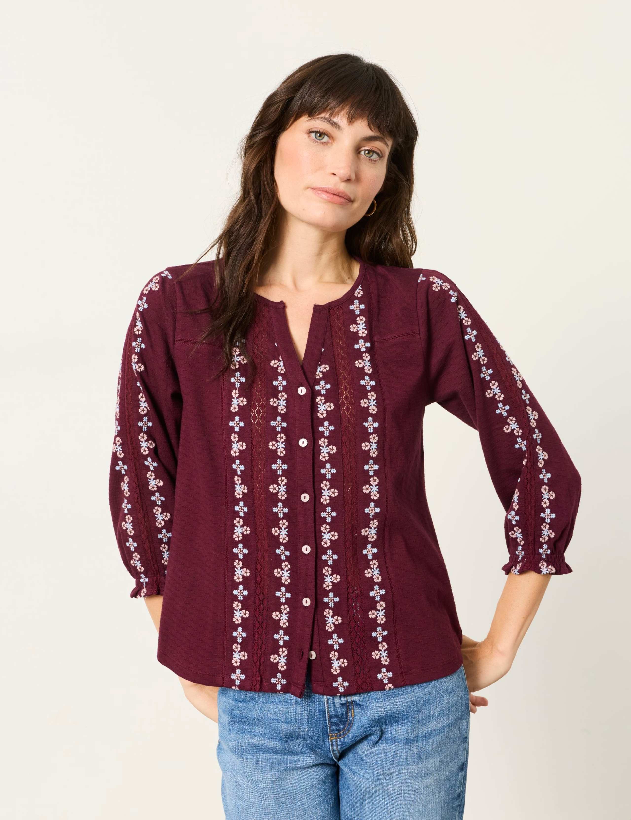 Embroidered V Neck Cotton Blouse