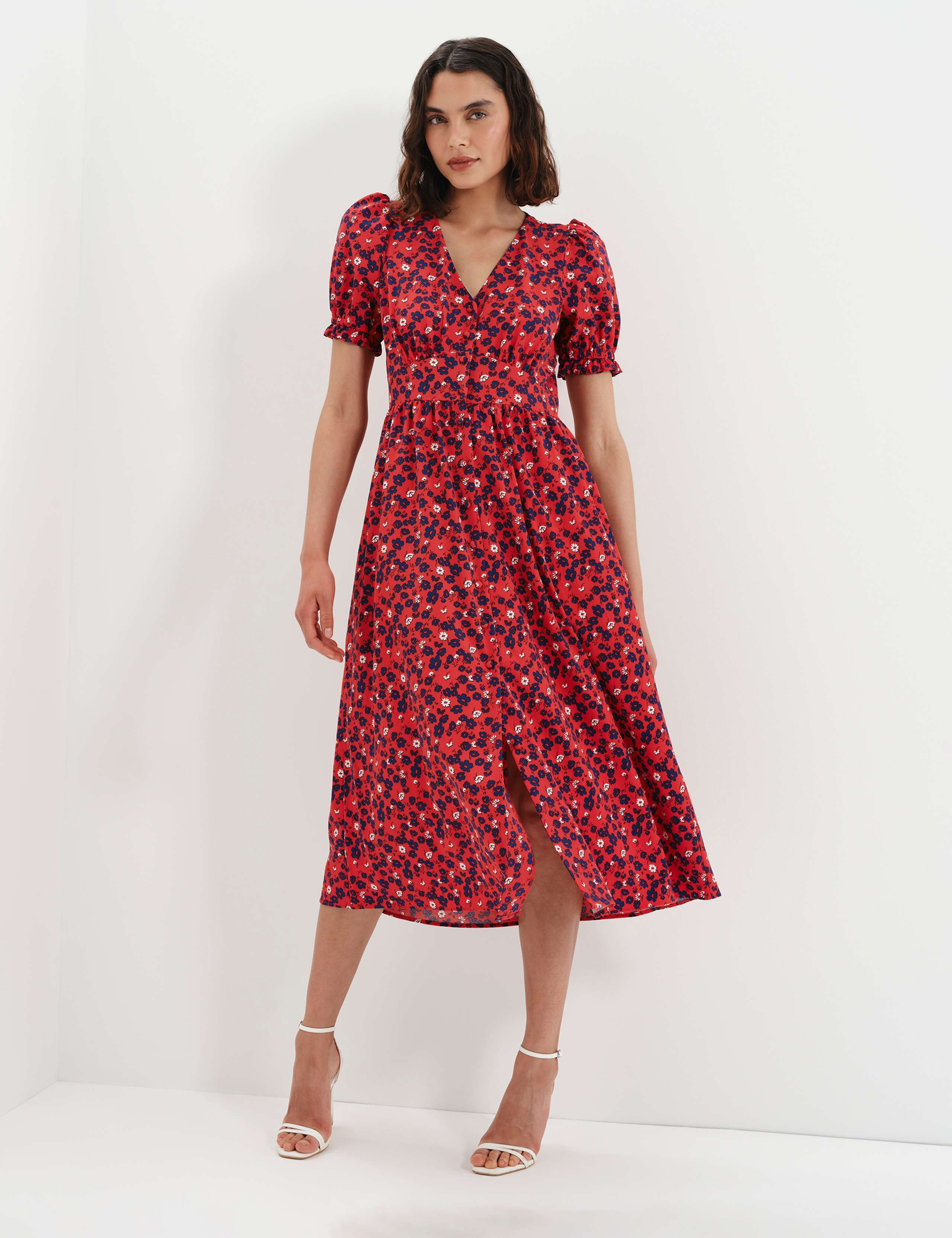Floral V-Neck Midi Puff Sleeve Waisted Dress
