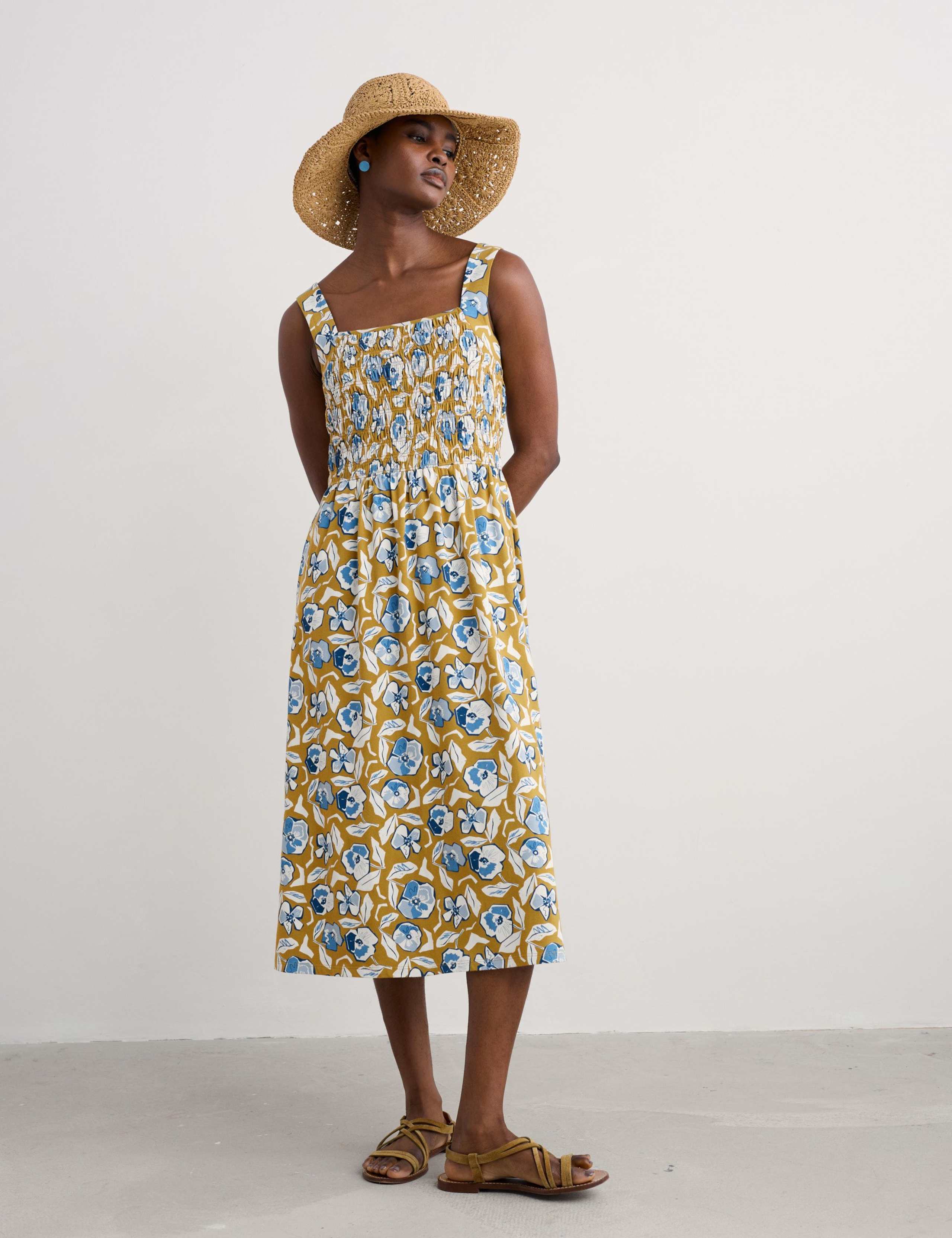 Cotton Rich Floral Square Neck Midi Dress