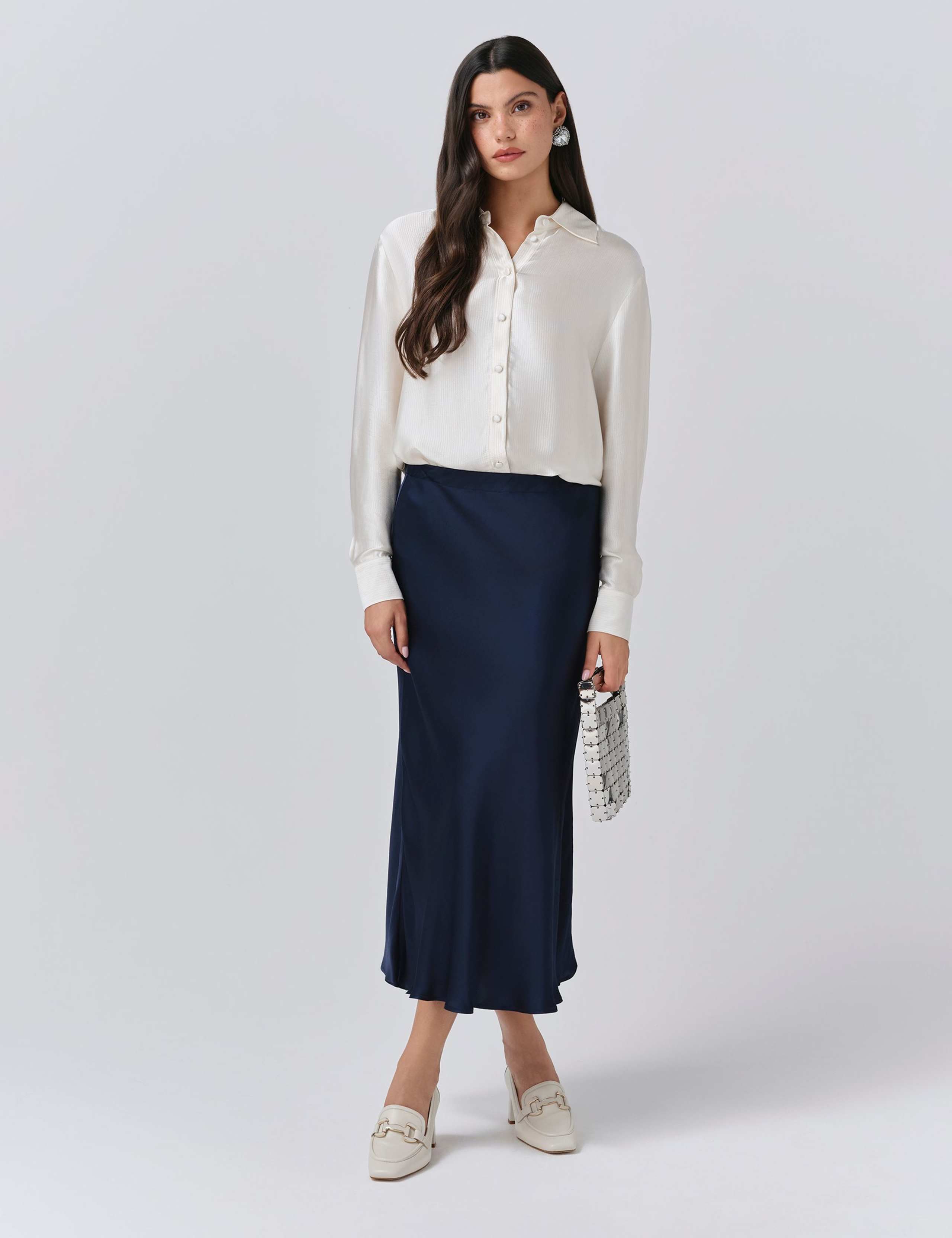 Satin Side Split Midi Slip Skirt