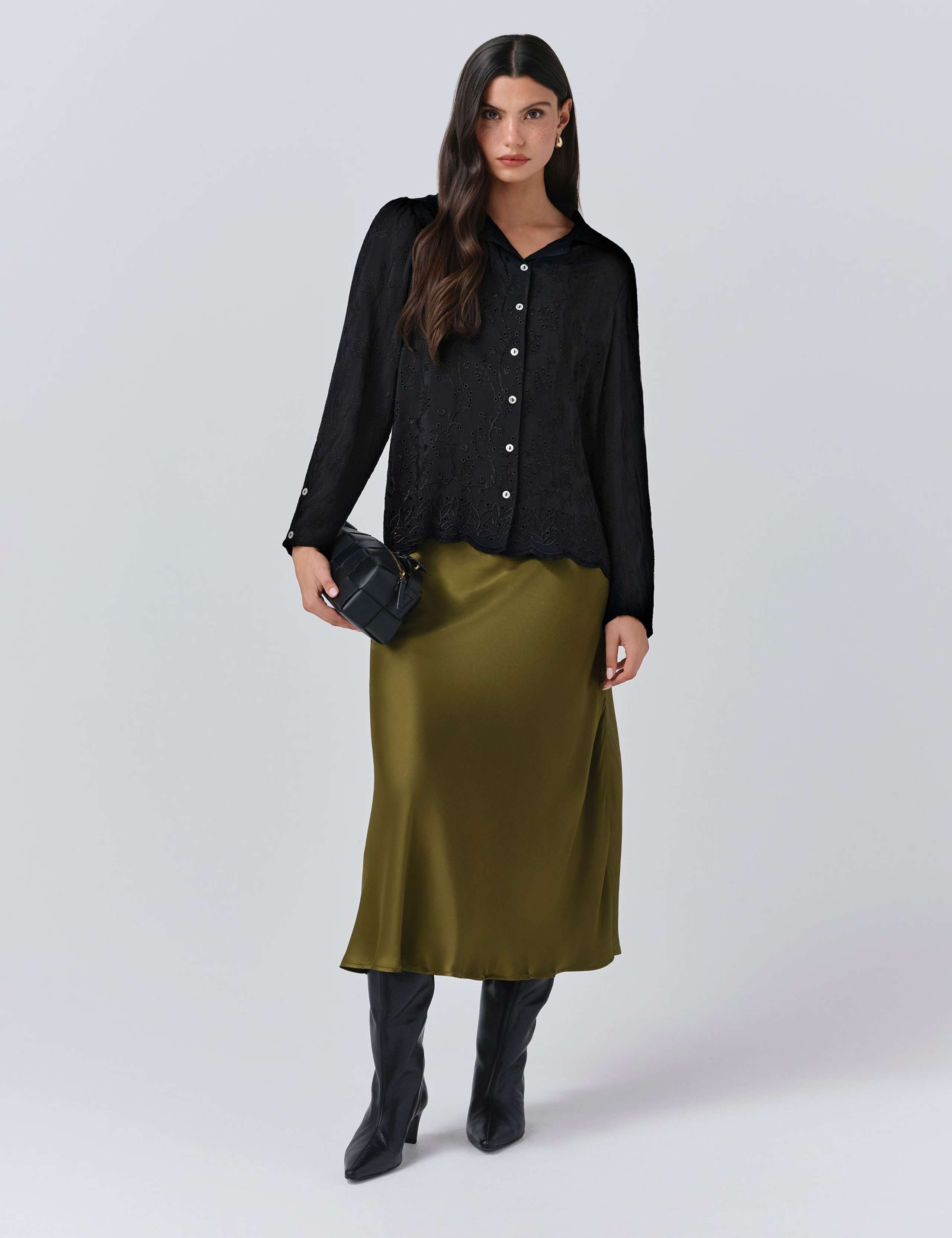 Satin Side Split Midi Slip Skirt