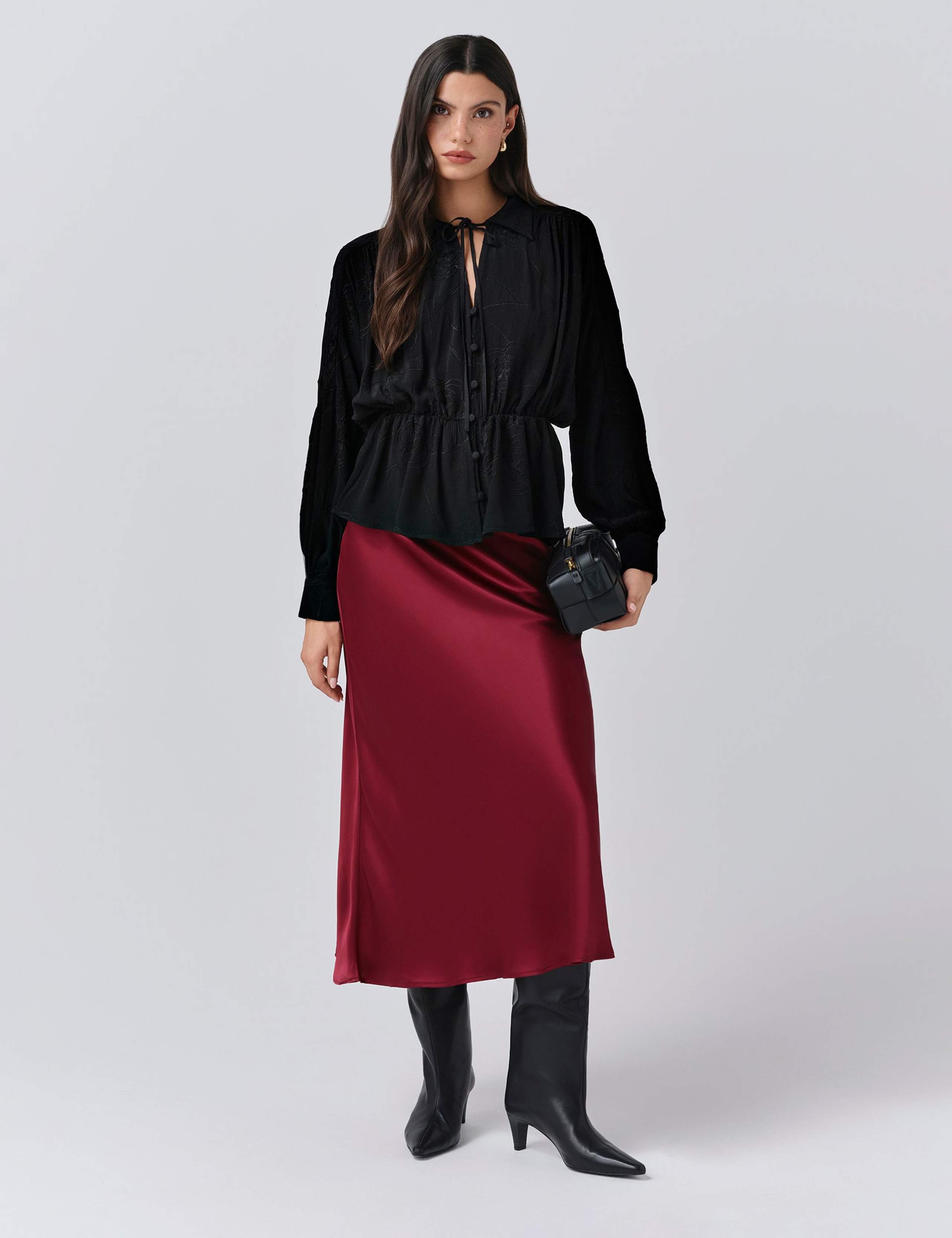 Satin Side Split Midi Slip Skirt