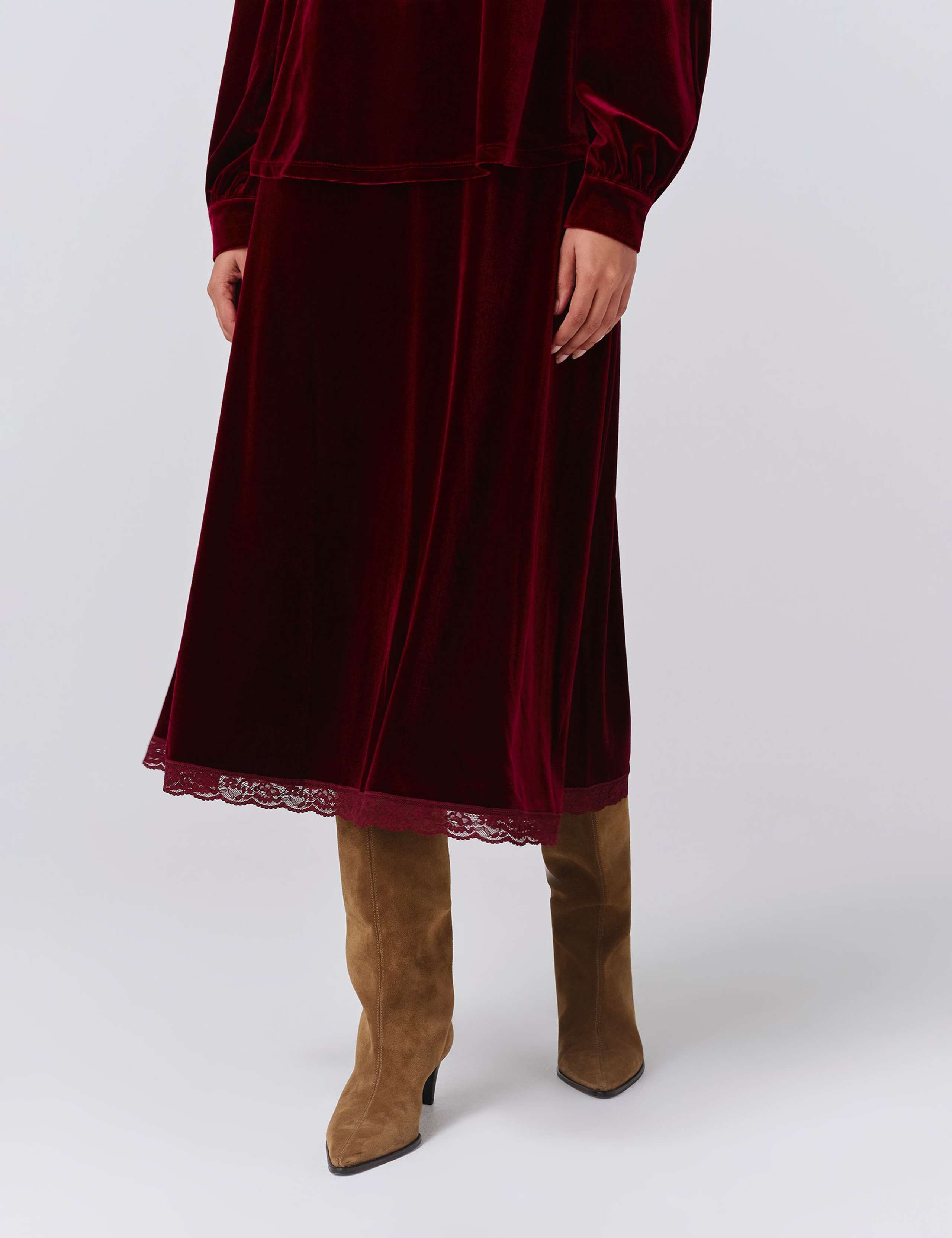 Velvet Lace Detail Midi A-Line Skirt